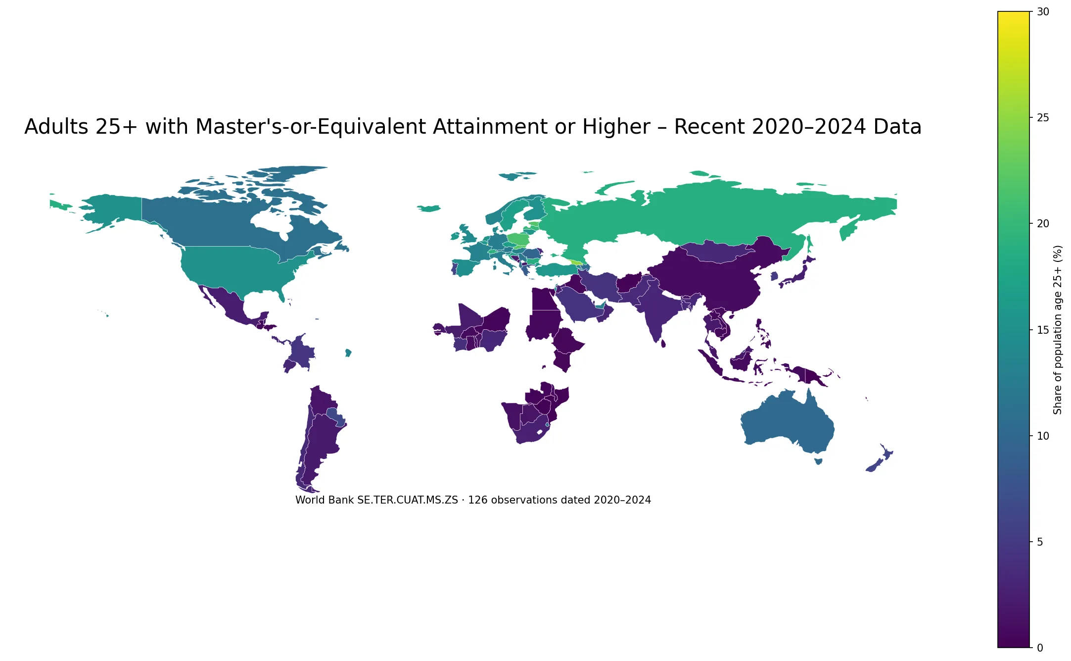 World map of adults age 25 and older with master's-or-equivalent attainment or higher using observations from 2020 to 2024