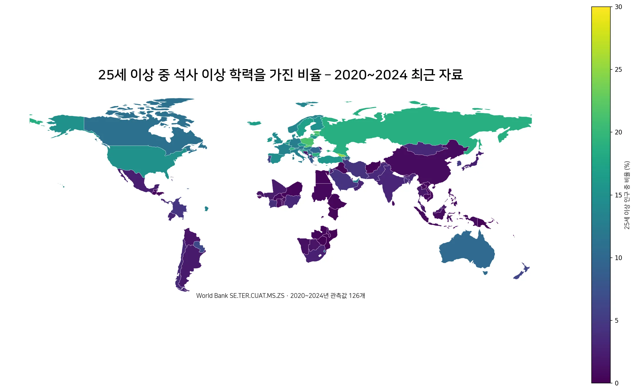 2020년부터 2024년 사이 최근 자료로 본 25세 이상 석사 이상 학력 비율 세계 지도
