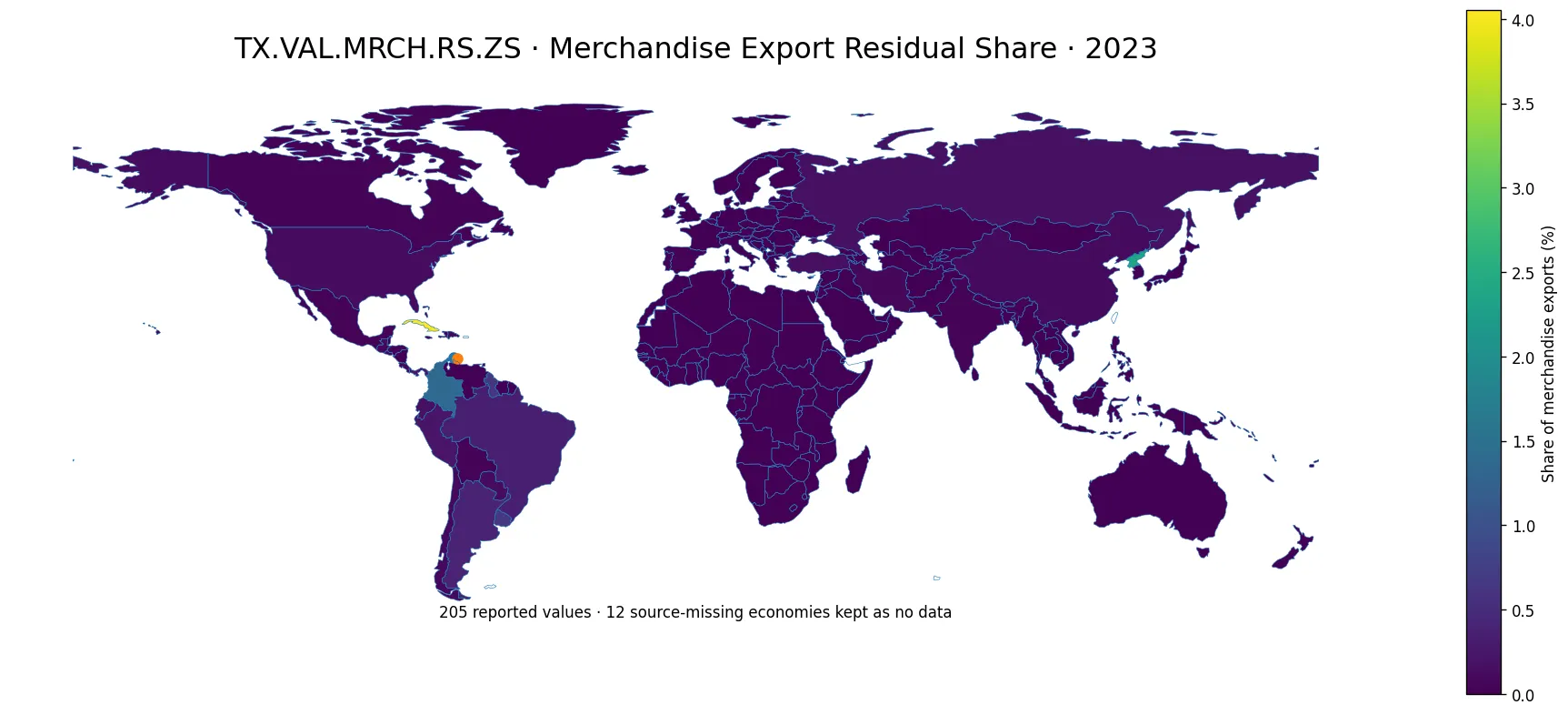World map of merchandise export residual shares in 2023