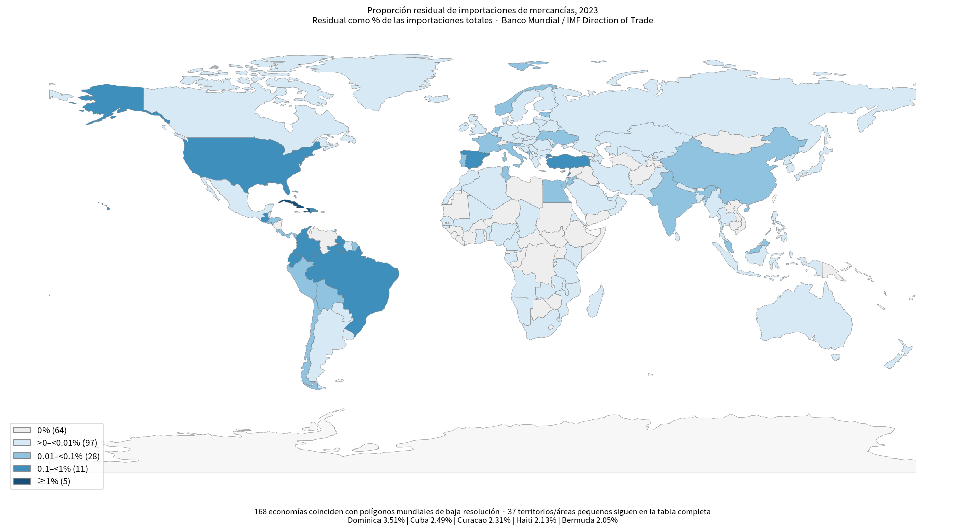 Mapa mundial de la proporción residual de importaciones de mercancías por economía en 2023