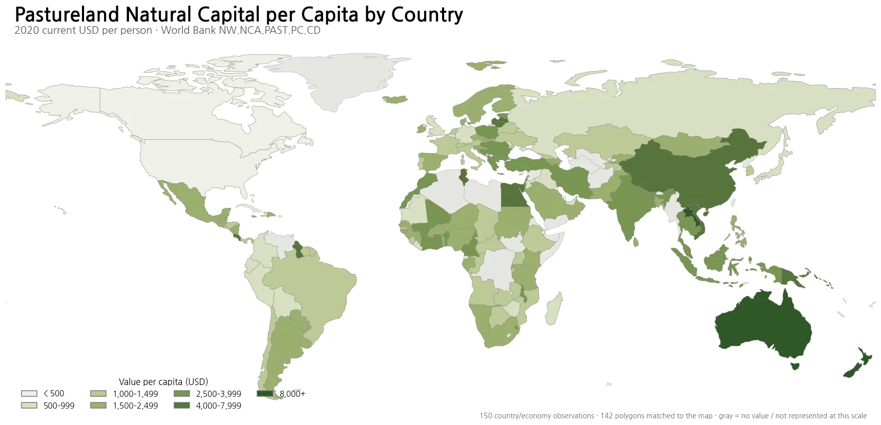World map of pastureland natural capital per capita by country in 2020