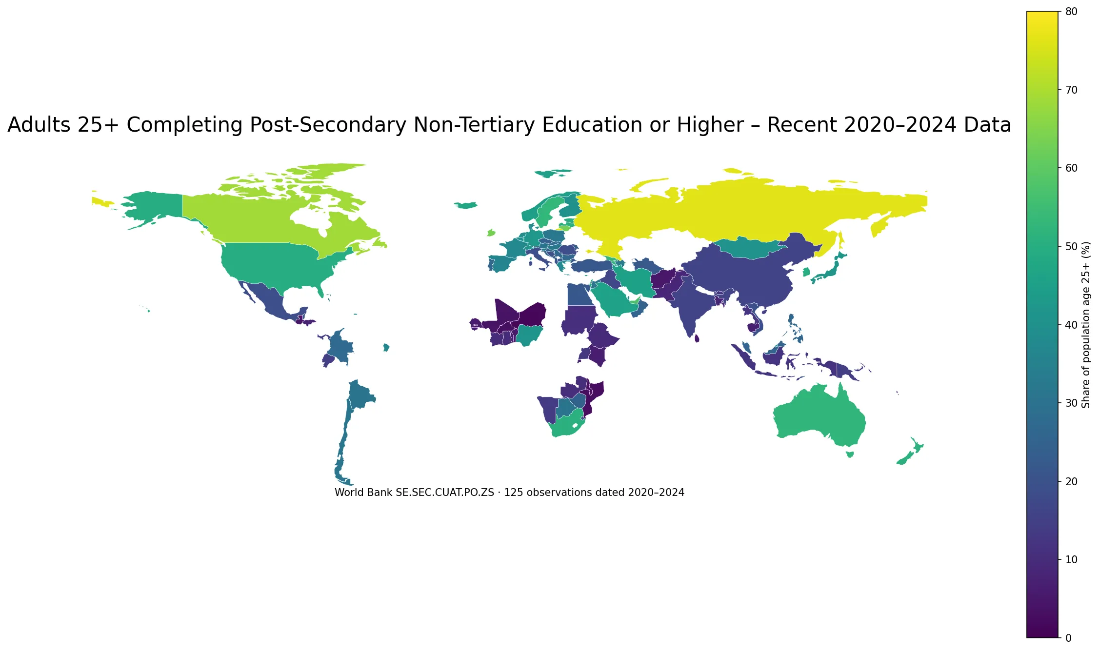 World map of adults age 25 and over completing post-secondary non-tertiary education or higher using observations from 2020 to 2024