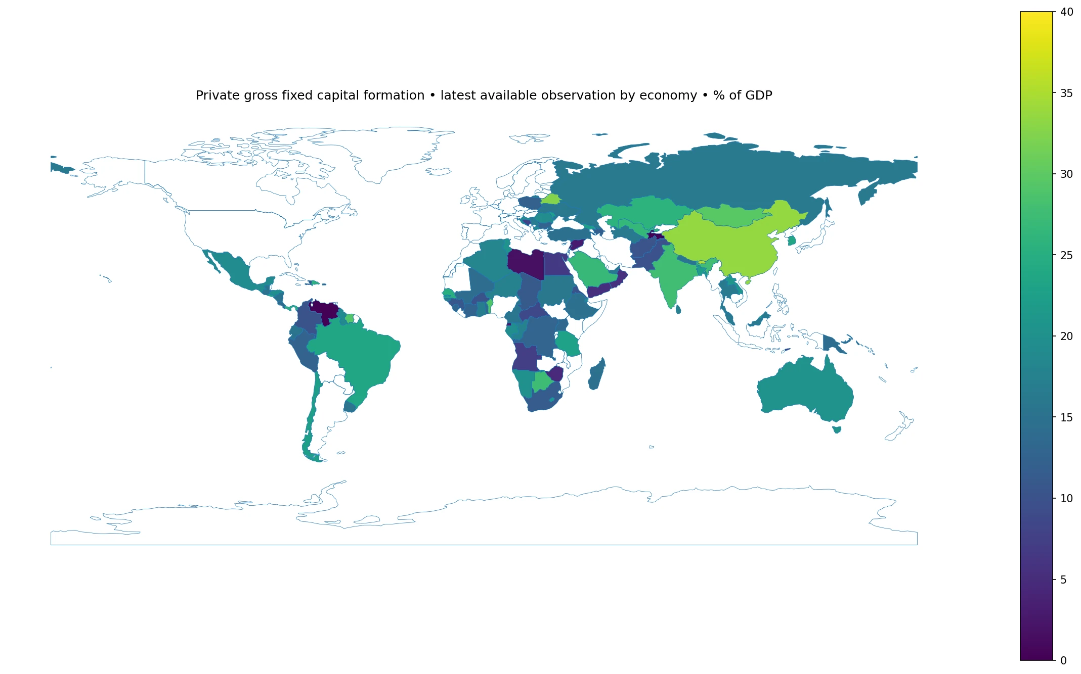 Mapa mundial de la formación bruta de capital fijo privada como porcentaje del PIB con la última observación disponible