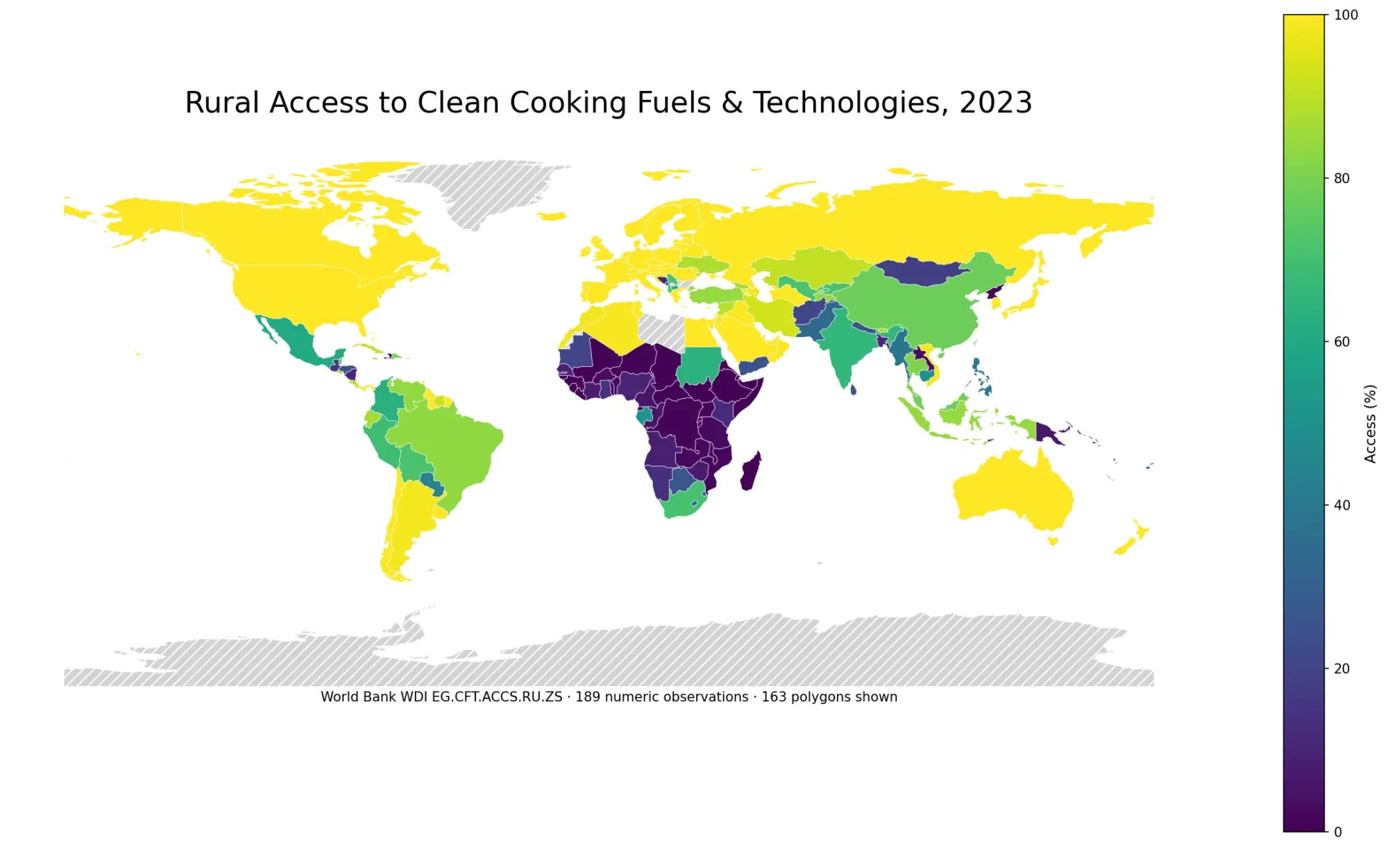 World map of rural clean cooking access gaps in 2023