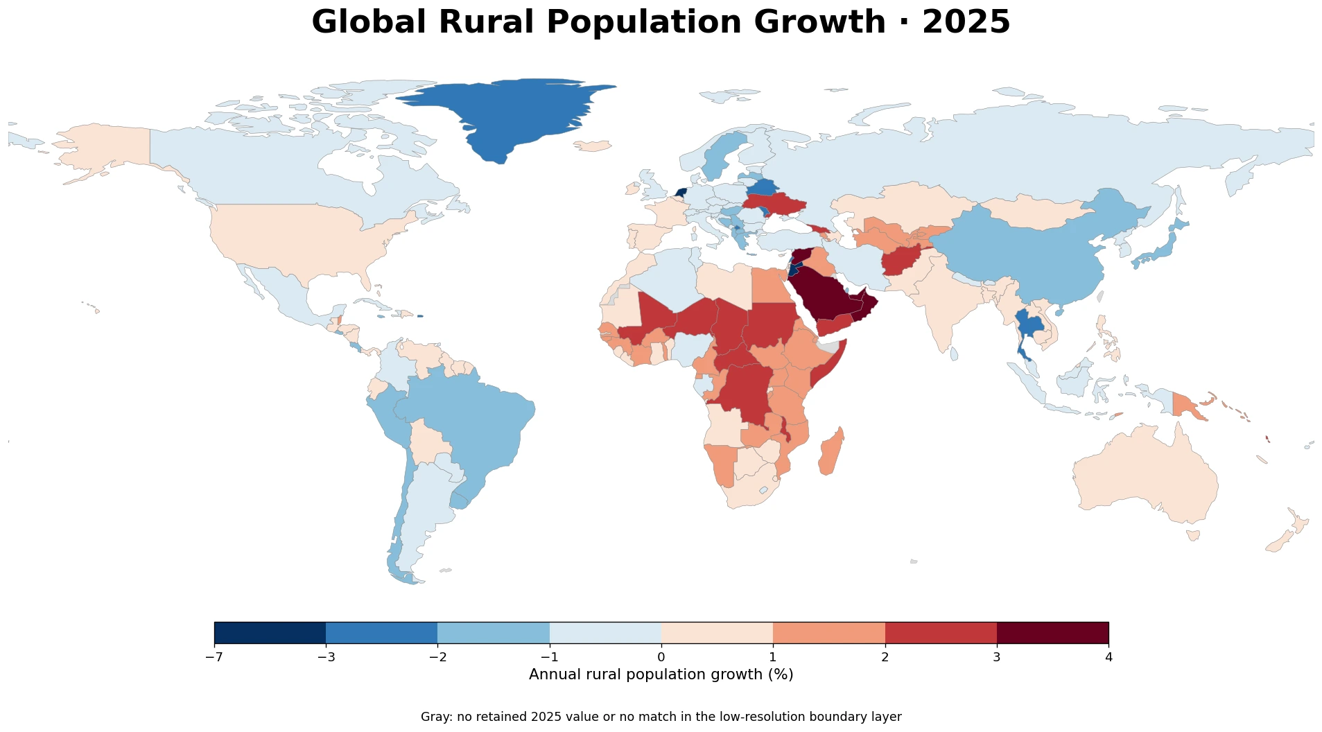 Global rural population growth map by country in 2025