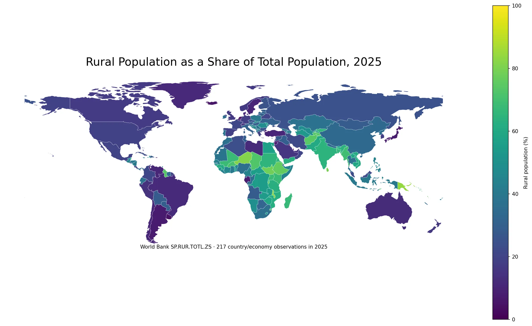 World map of rural population as a share of total population in 2025