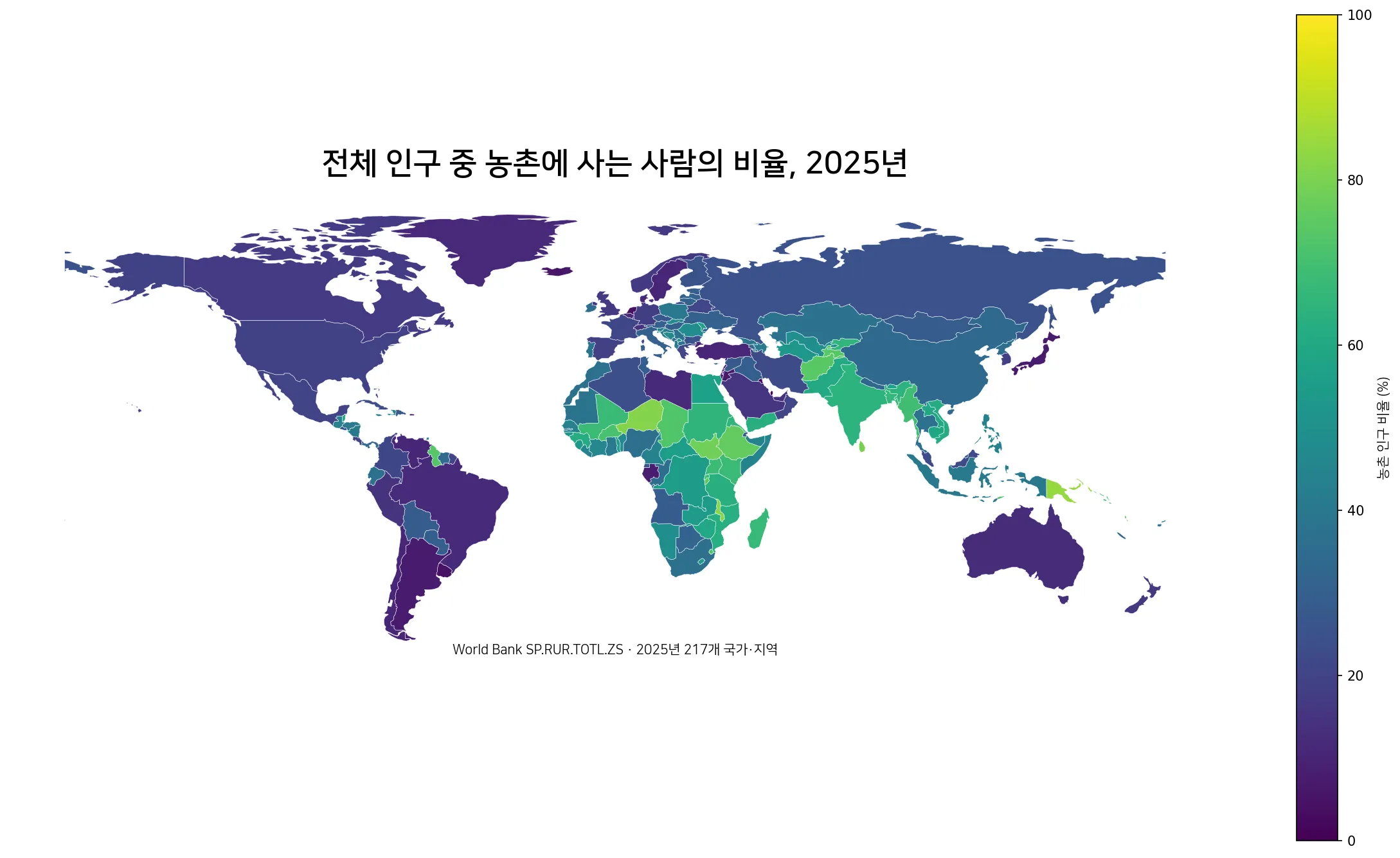 2025년 국가별 전체 인구 중 농촌에 사는 사람의 비율 세계 지도