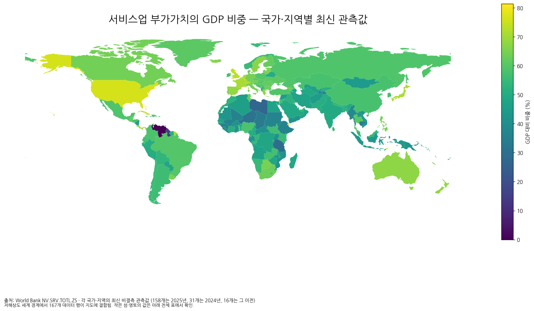 국가·지역별 서비스업 부가가치의 GDP 비중 최신 관측 지도