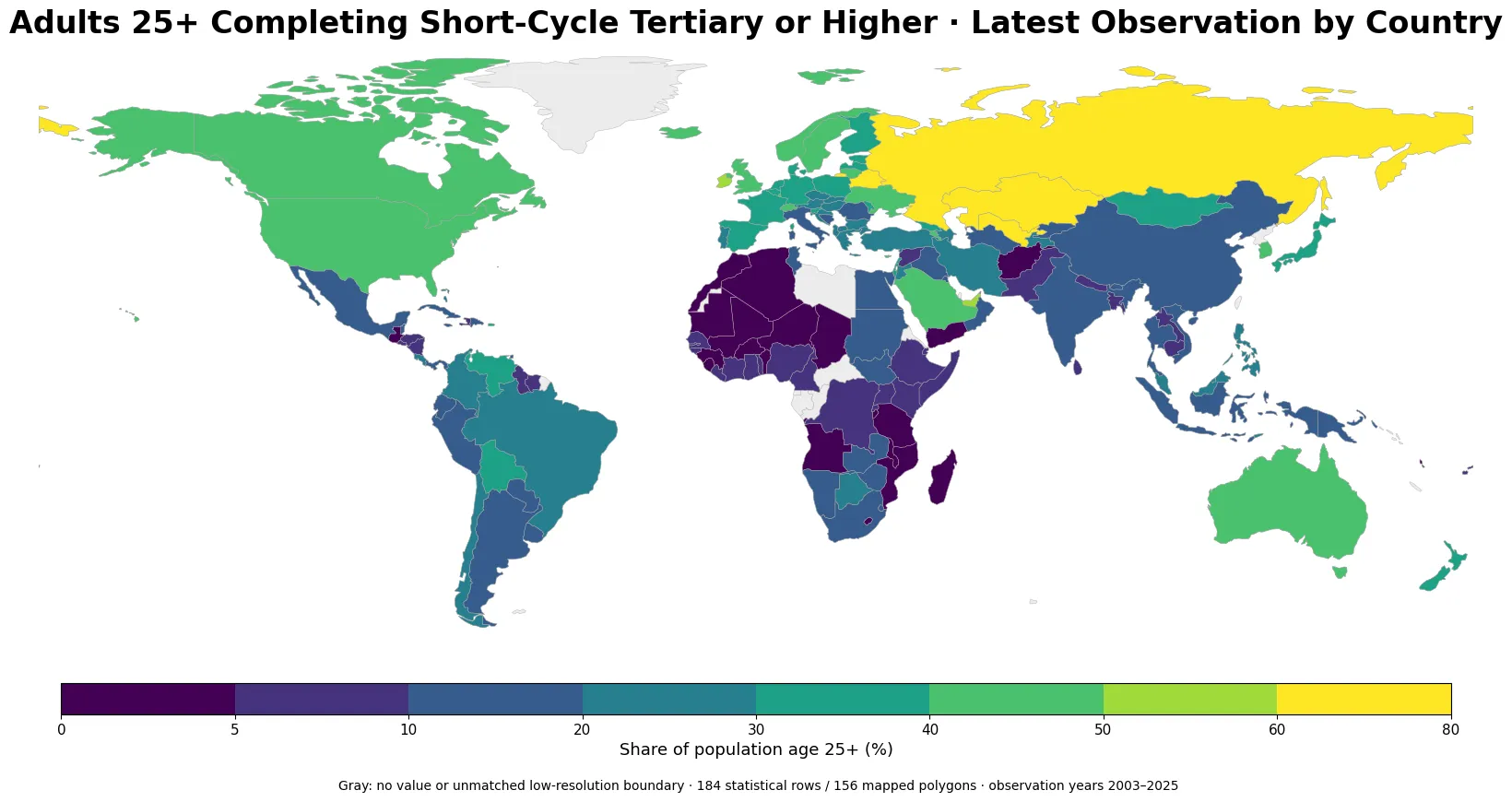 Global map of adults age 25+ completing short-cycle tertiary education or higher