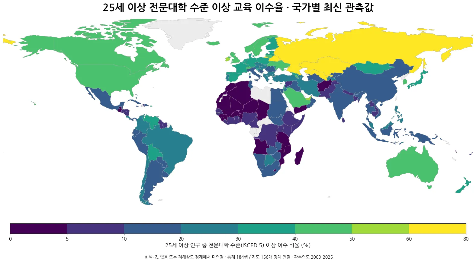 세계 국가별 25세 이상 전문대학 수준 이상 교육 이수율 지도