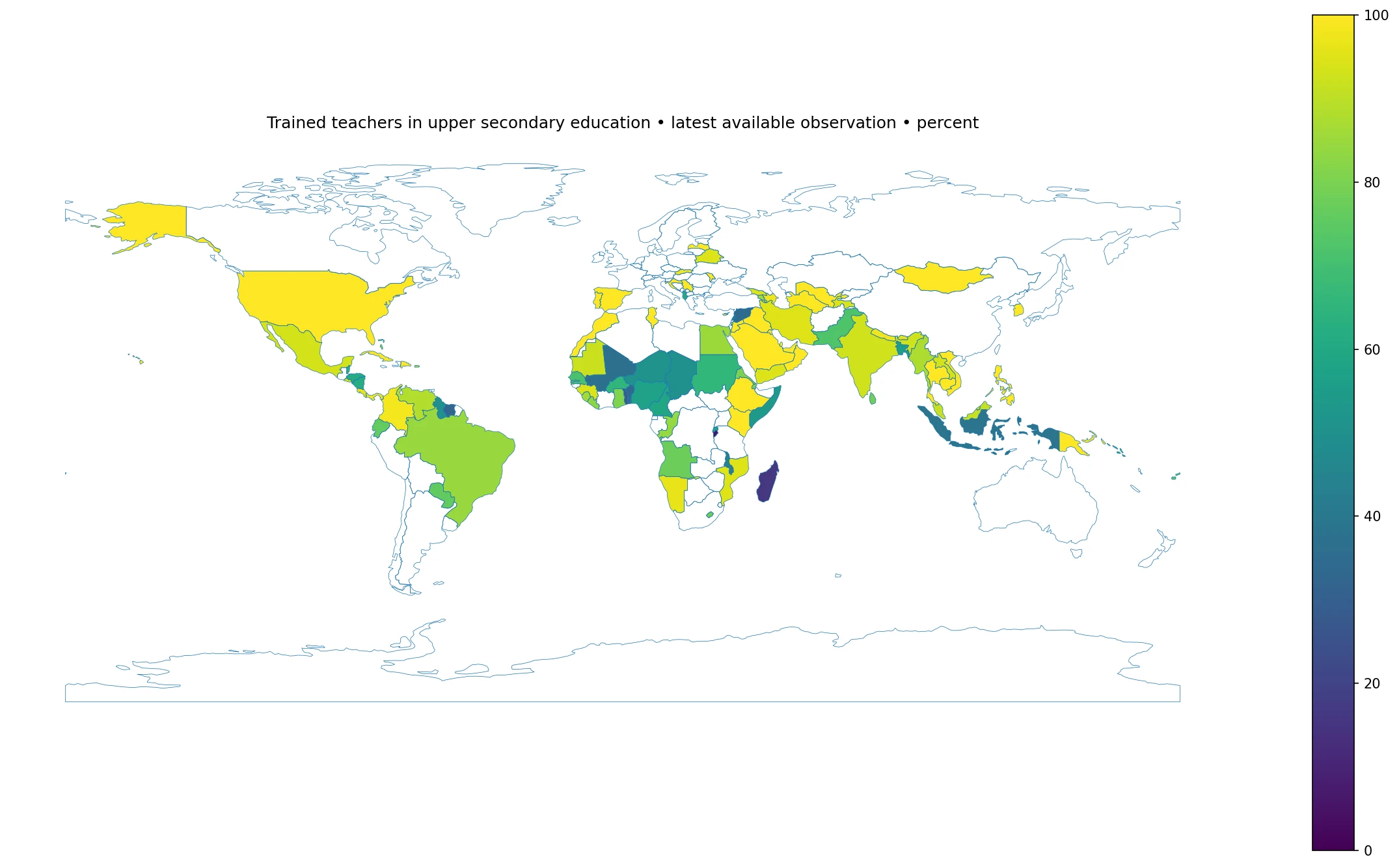 Mapa mundial de la última proporción disponible de docentes formados en secundaria superior