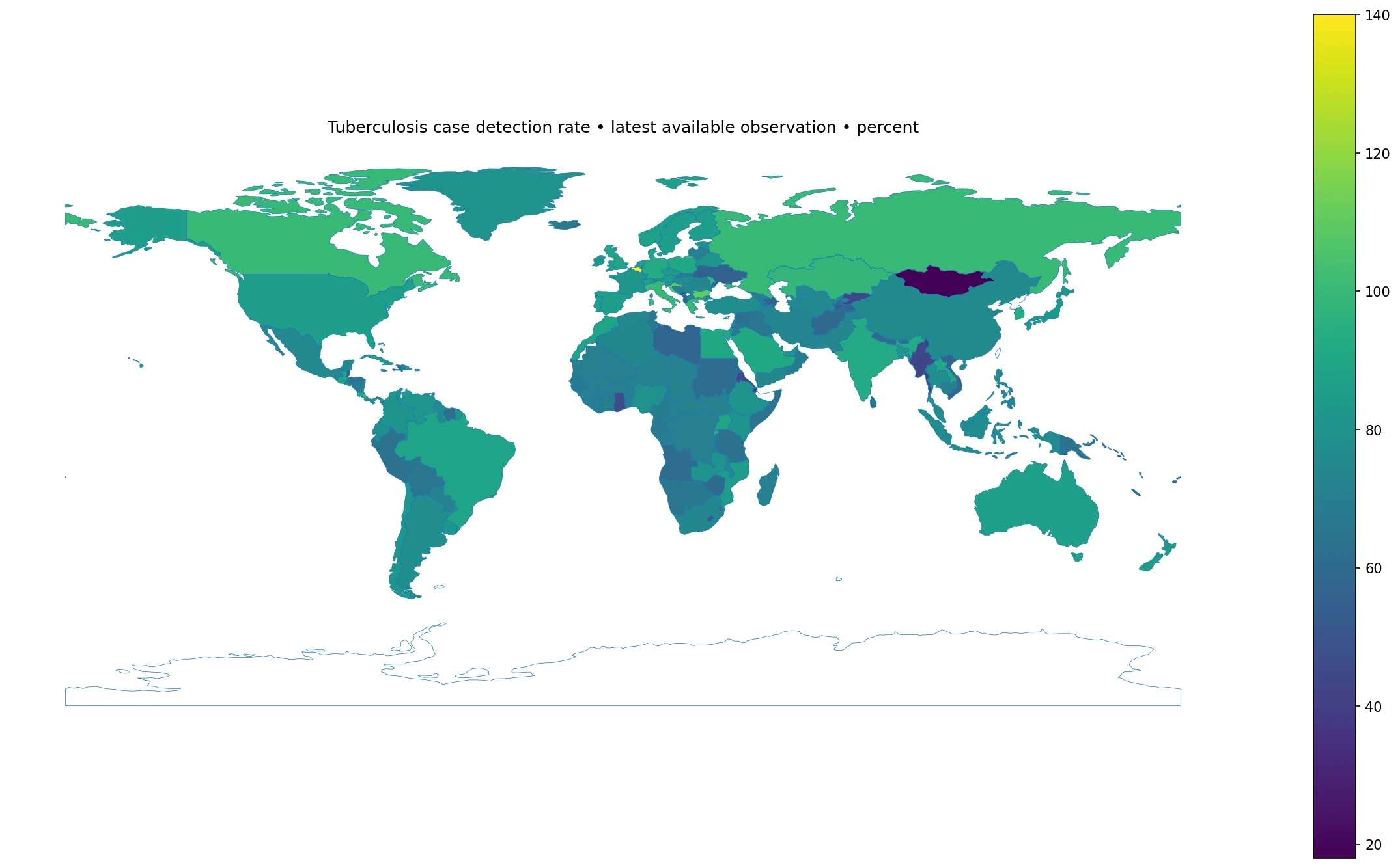 Mapa mundial de la última tasa disponible de detección de tuberculosis