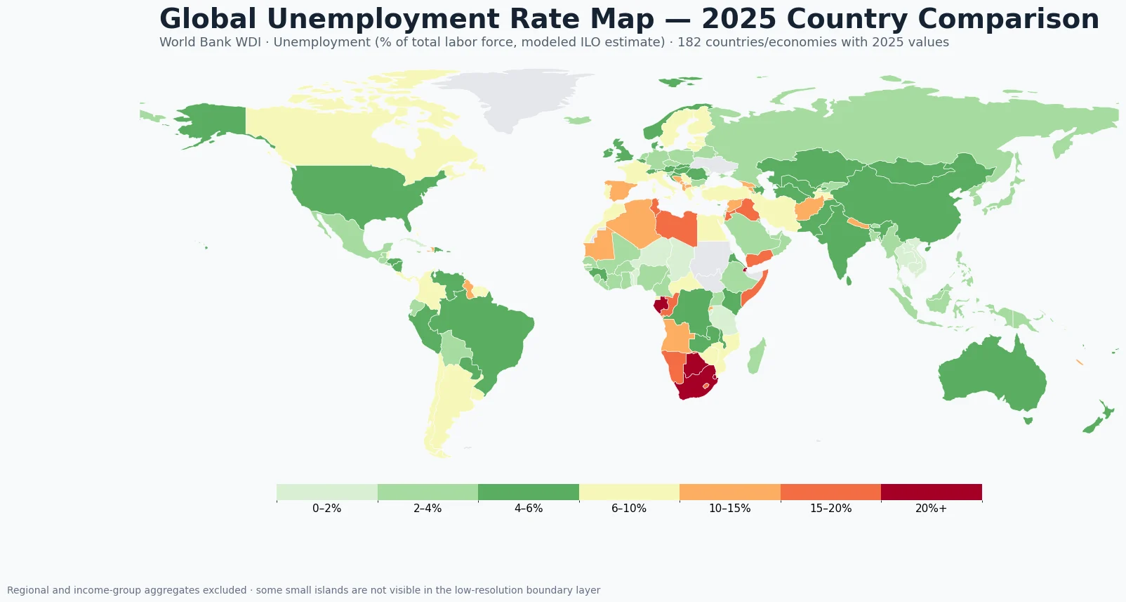 Global unemployment rate map by country for 2025