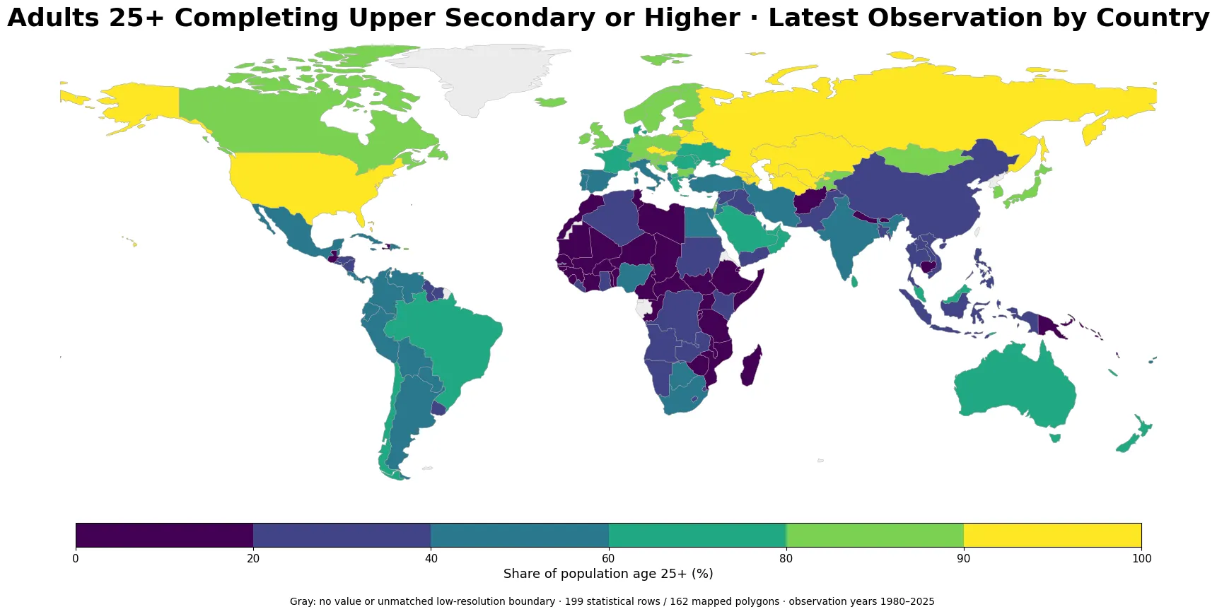 Global map of adults age 25 and over completing upper secondary education or higher