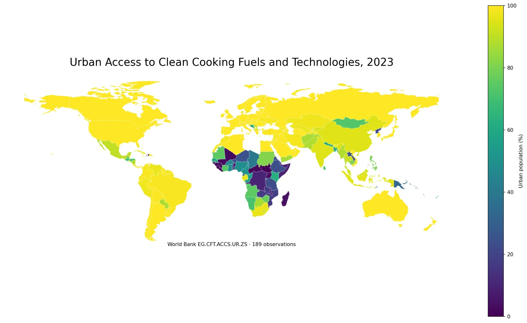 World map of urban access to clean cooking fuels and technologies in 2023