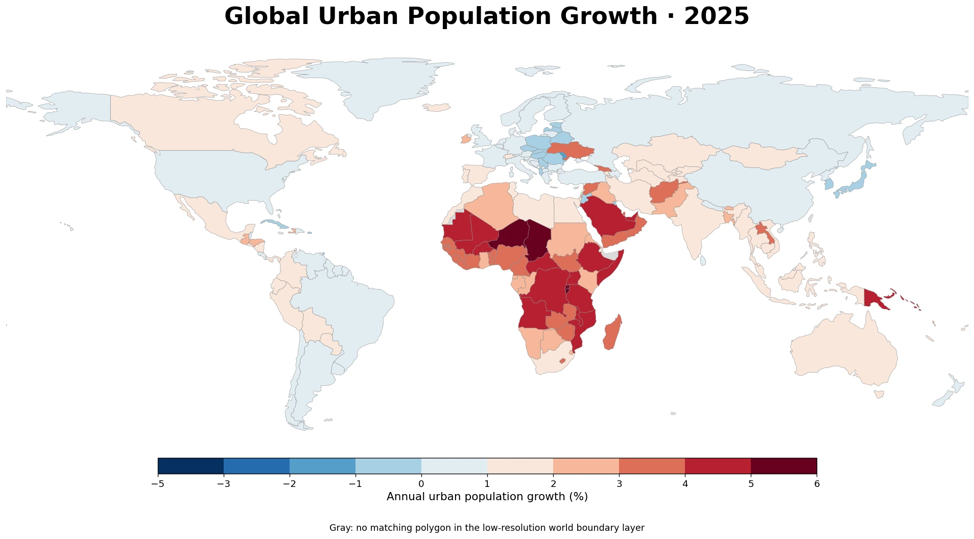 Global urban population growth map by country in 2025