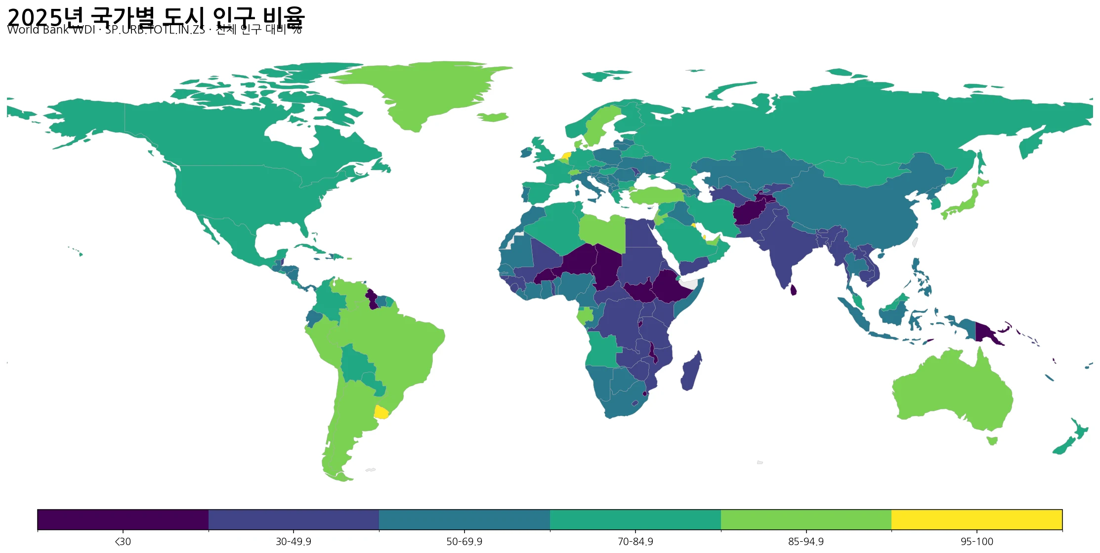 2025년 세계 도시화율 지도 국가별 도시 인구 비율