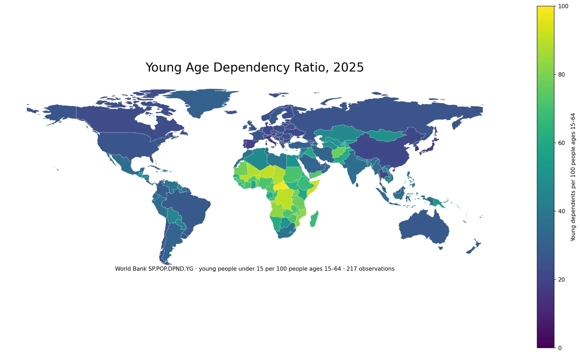 World map of the young age dependency ratio in 2025