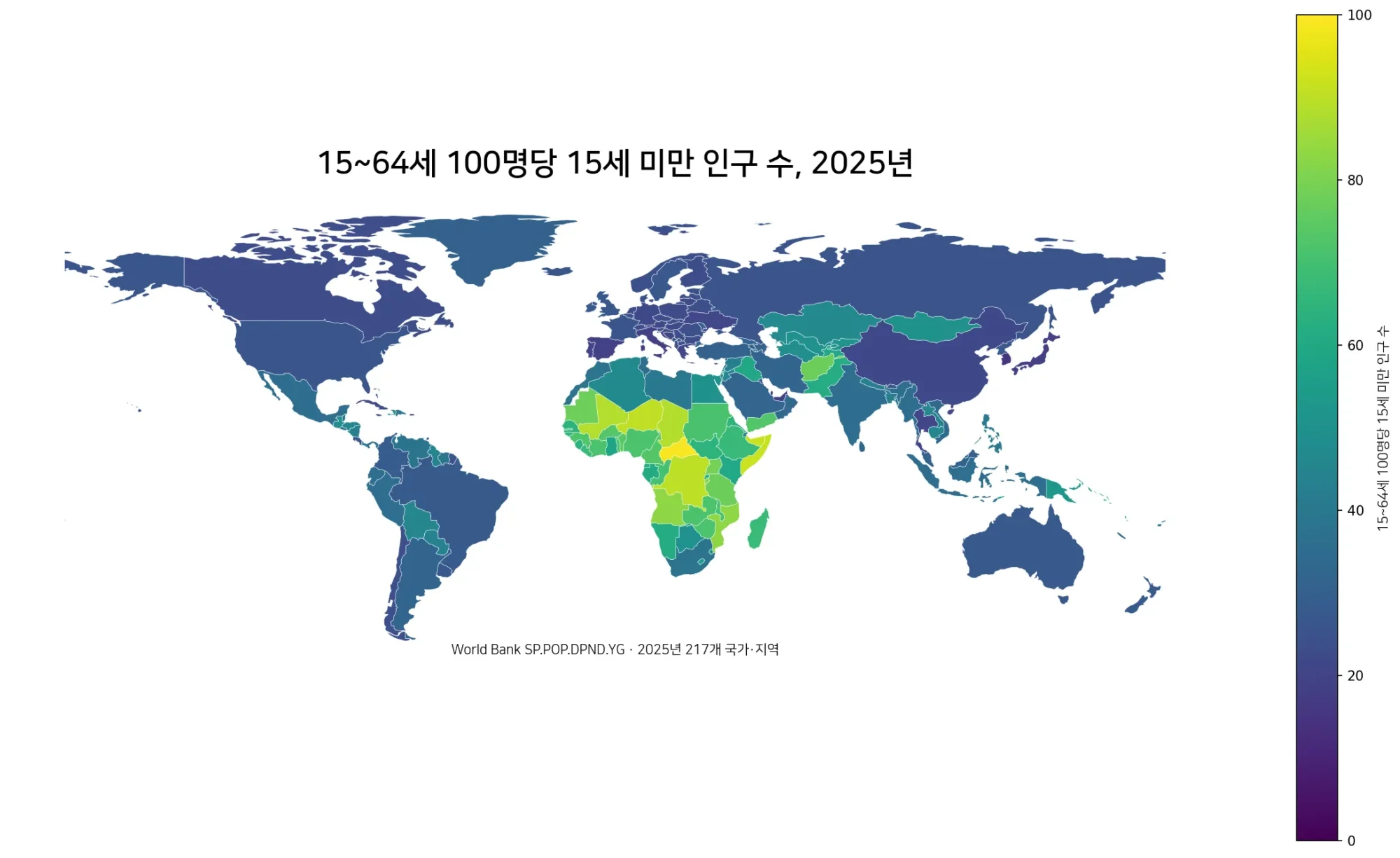 2025년 국가별 15~64세 100명당 15세 미만 인구 수 세계 지도