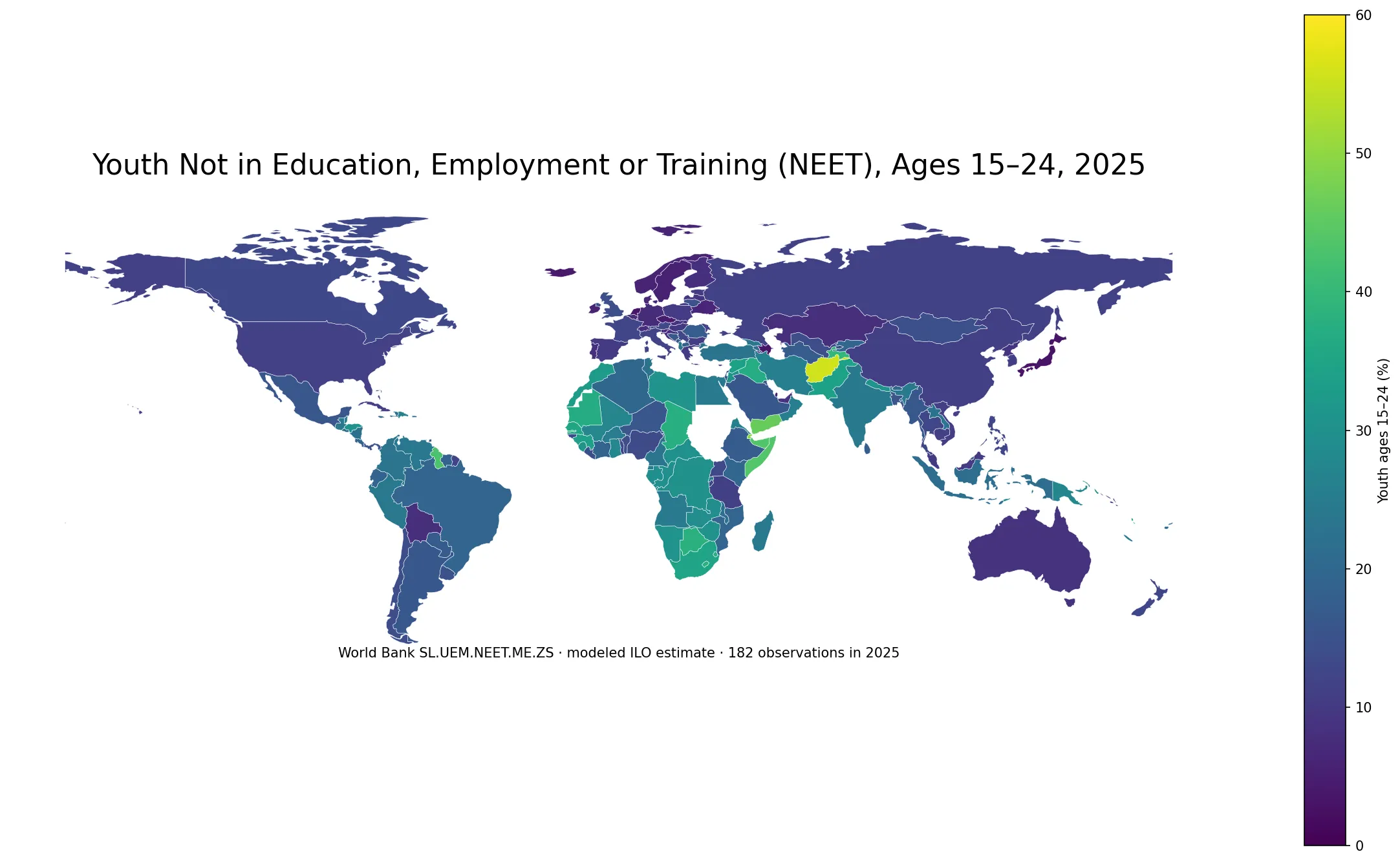 World map of the share of youth ages 15 to 24 not in education employment or training in 2025