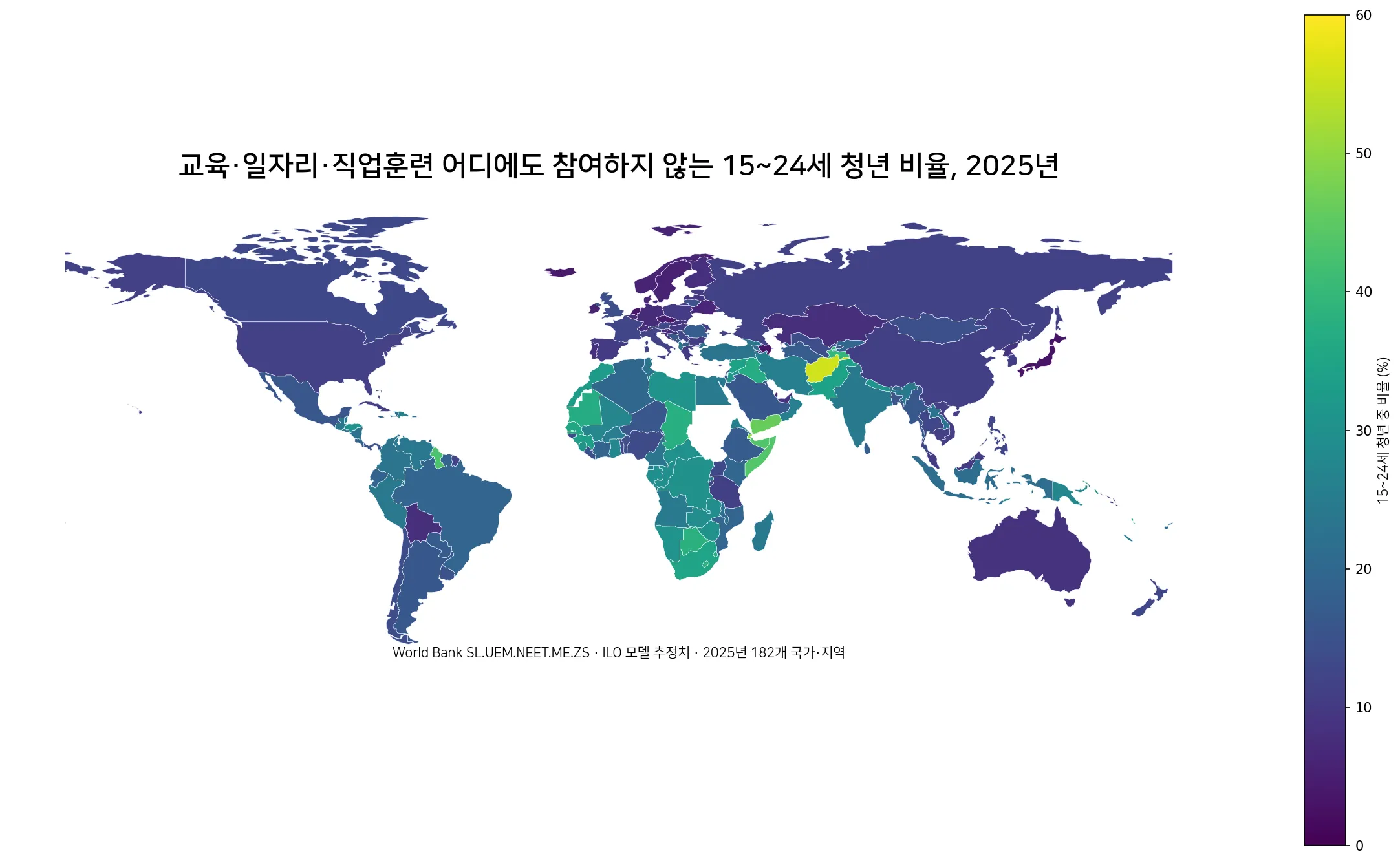 2025년 교육·일자리·직업훈련 어디에도 참여하지 않는 15~24세 청년 비율 세계 지도