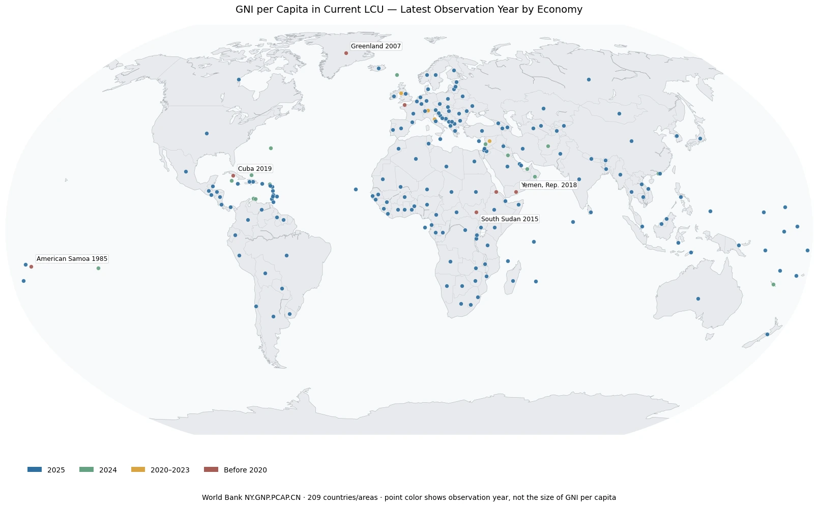 Map of latest observation year for GNI per capita in current local currency units