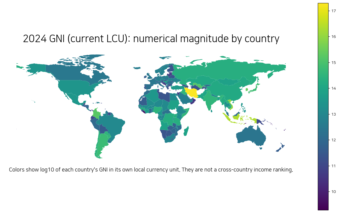 World map showing the numerical order of magnitude of 2024 GNI in current local currency units