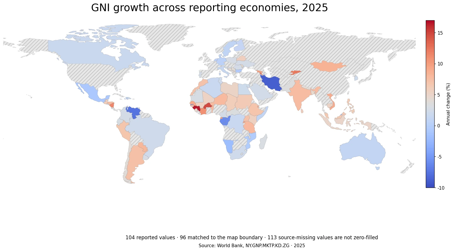 World map comparing GNI growth rates across economies with reported 2025 values