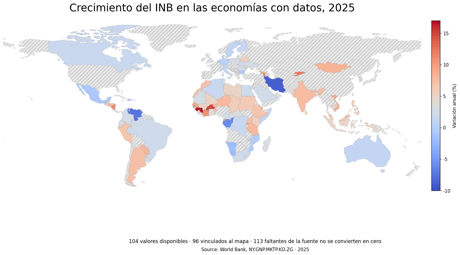 Mapa mundial del crecimiento del ingreso nacional bruto en 2025 para las economías con datos