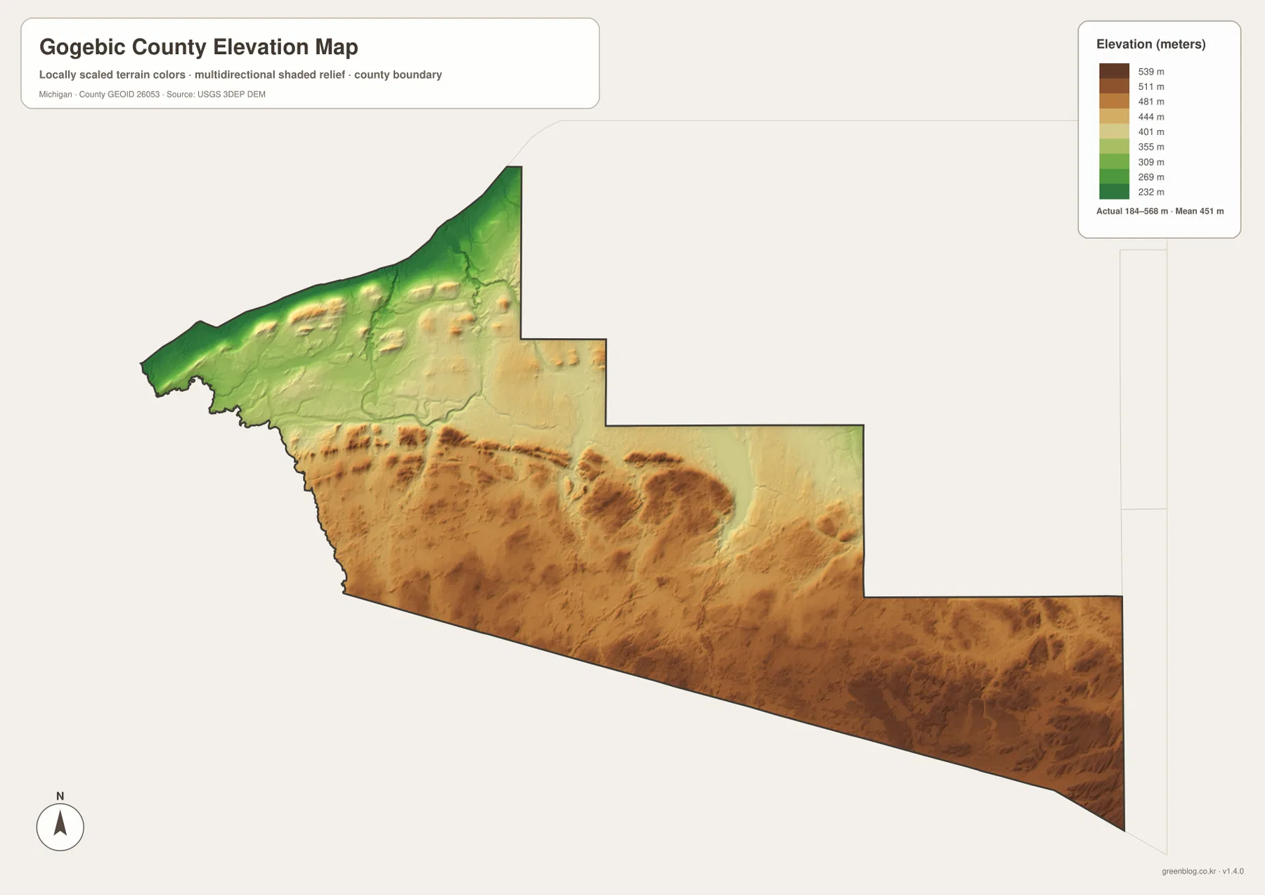 Gogebic County Michigan elevation map showing low northern terrain, a central ridge belt, and high southern and southeastern uplands