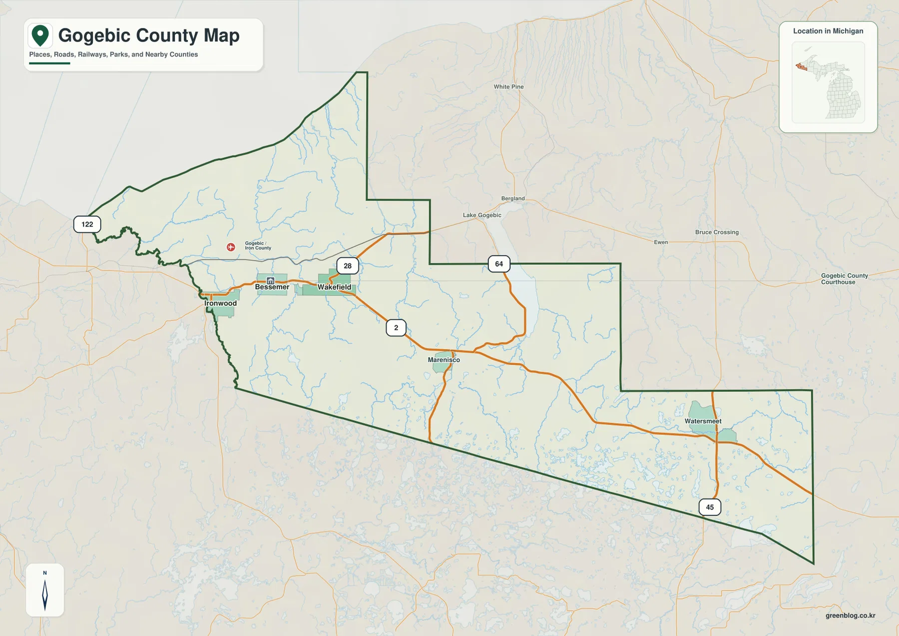 Gogebic County Michigan map showing Ironwood, Bessemer, Wakefield, Marenisco, Watersmeet, Bergland, US-2, M-28, US-45 and M-64