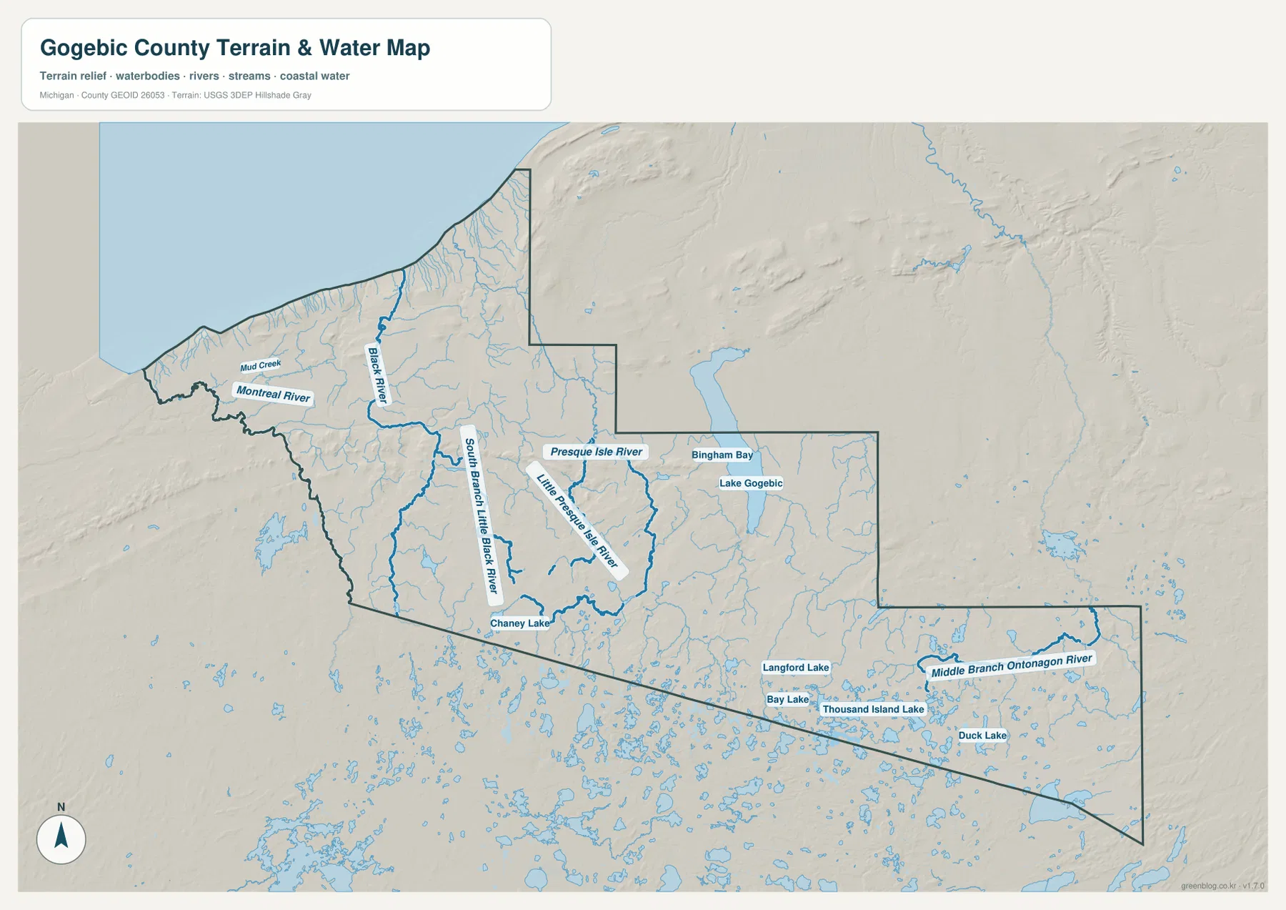 Gogebic County terrain and water map showing Lake Gogebic, Black River, Montreal River, Presque Isle River, Little Presque Isle River, South Branch Little Black River, Middle Branch Ontonagon River, Chaney Lake, Langford Lake, Bay Lake, Thousand Island Lake and Duck Lake