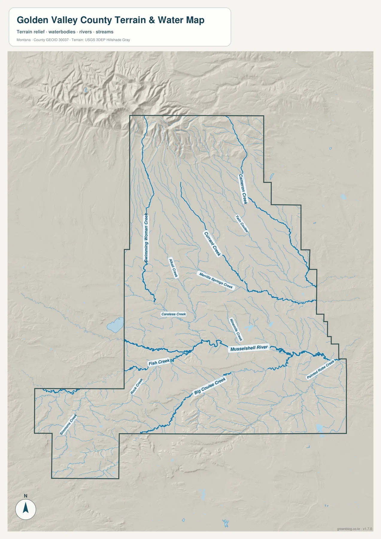 Musselshell River, Careless Creek, Curry Creek, Cameron Creek와 Big Coulee Creek를 표시한 Golden Valley County 수역 지형 지도