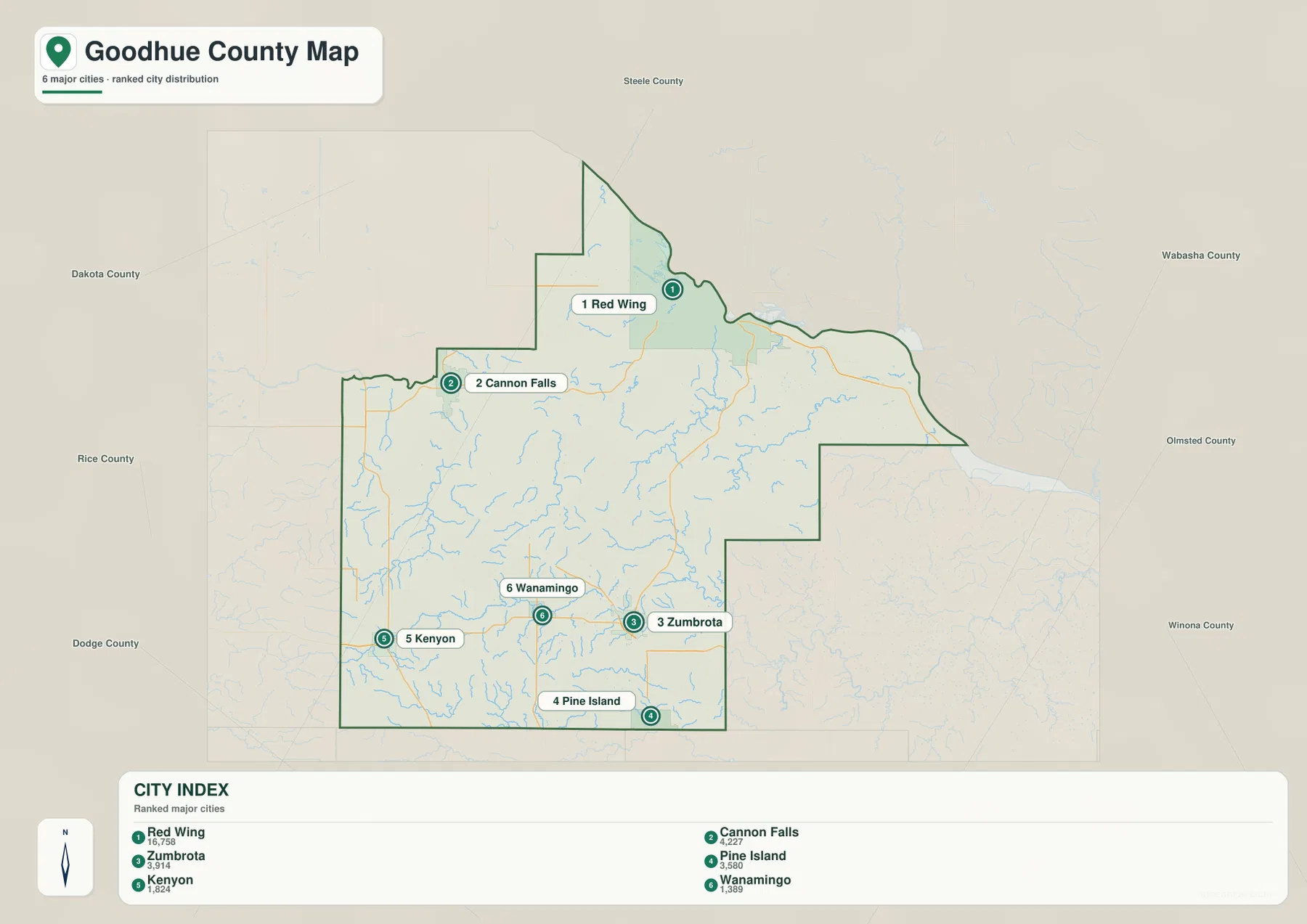 Goodhue County city map showing Red Wing, Cannon Falls, Zumbrota, Pine Island, Kenyon and Wanamingo