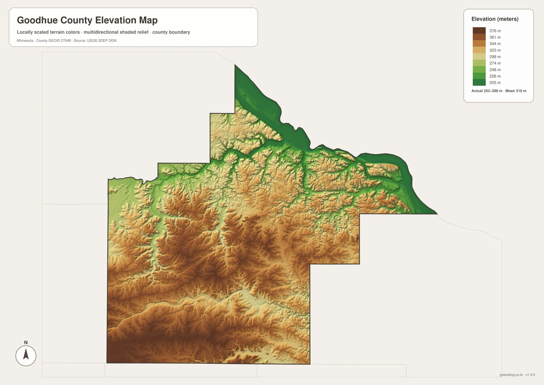 Goodhue County elevation map showing roughly 203 to 368 meters of relief