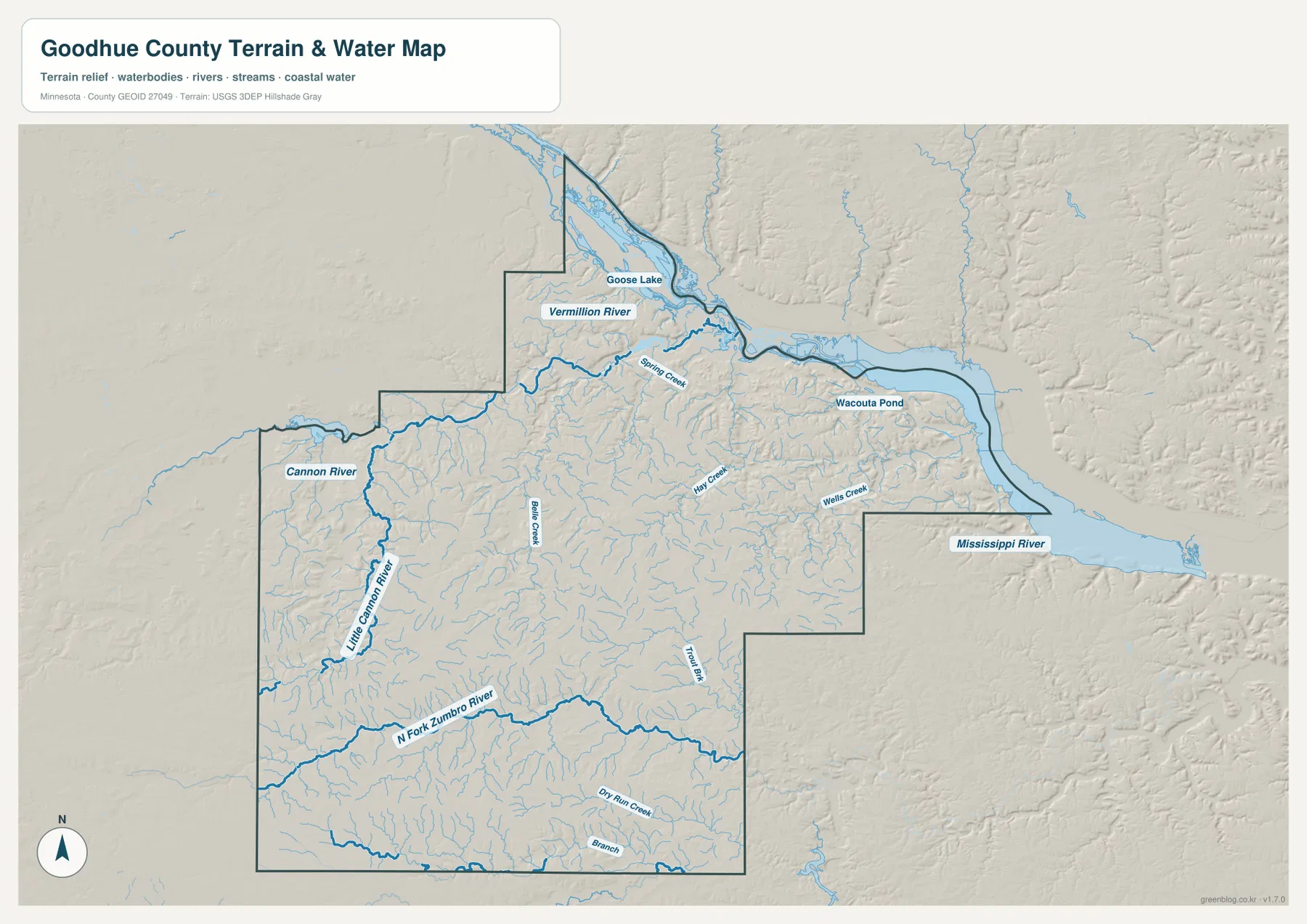 Goodhue County water map showing the Mississippi River, Cannon River, Vermillion River and North Fork Zumbro River