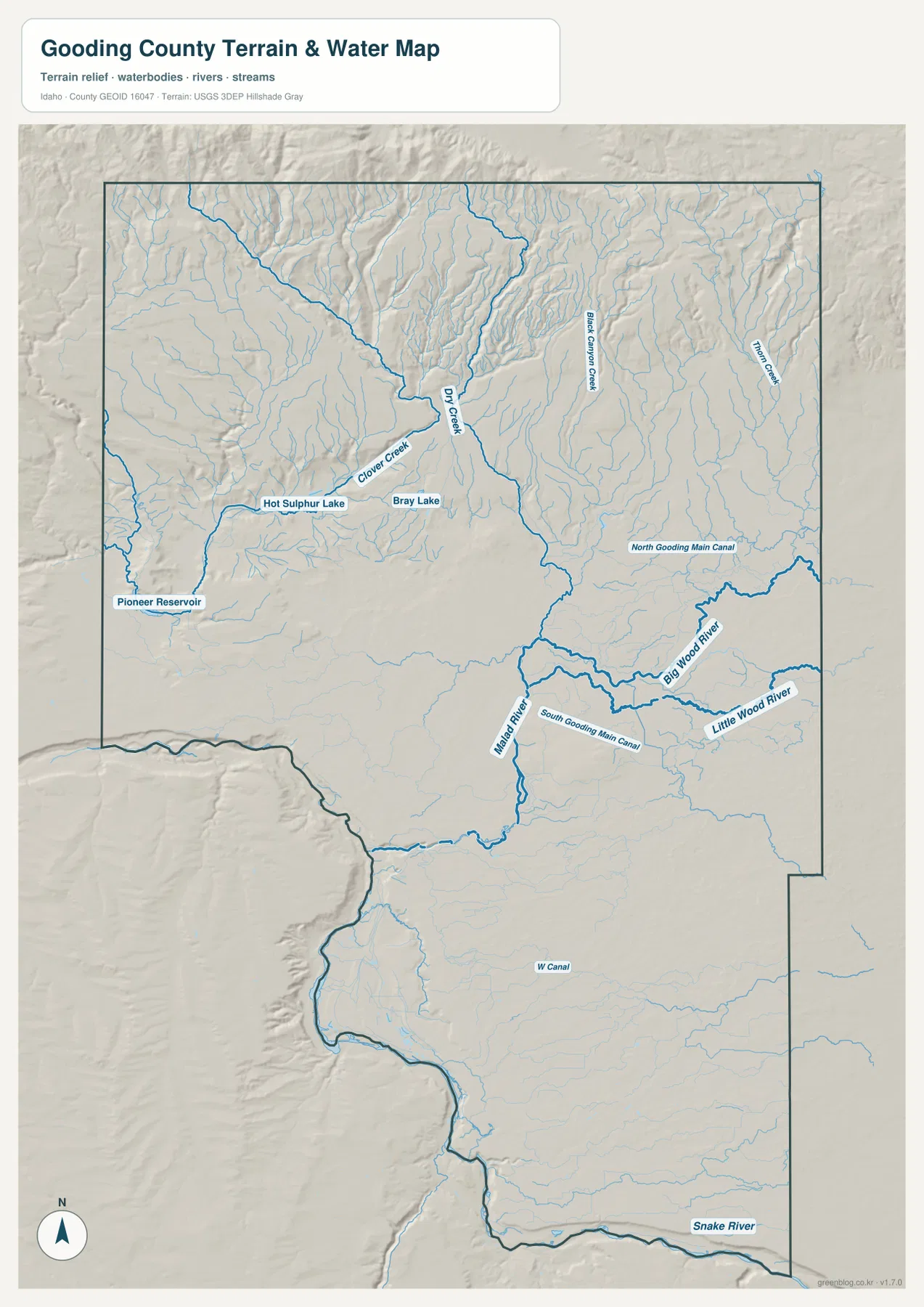 Big Wood River, Little Wood River, Malad River, Snake River와 북부 지류를 표시한 Gooding County 수역 지도