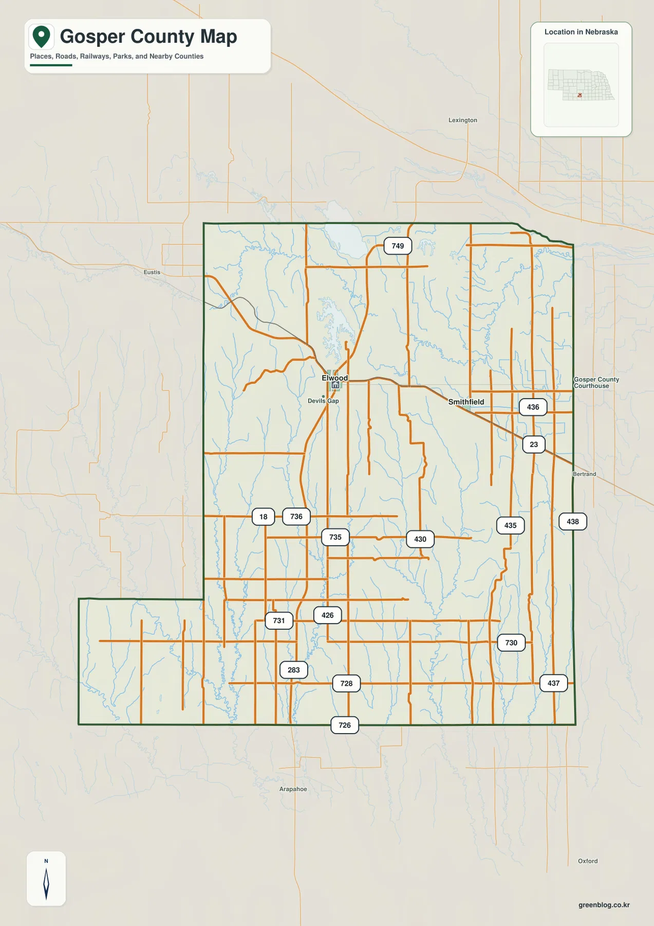 Elwood, Smithfield와 U.S. 283, Nebraska Highways 18·23 및 주요 지방도로를 보여 주는 Gosper County 지도