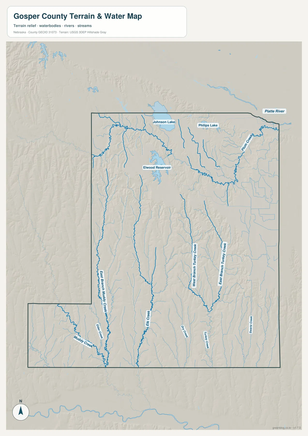 Elwood Reservoir, Johnson Lake, Phillips Lake, Plum Creek, East Branch Muddy Creek, Turkey Creek와 주요 지류를 보여 주는 Gosper County 수역 지도