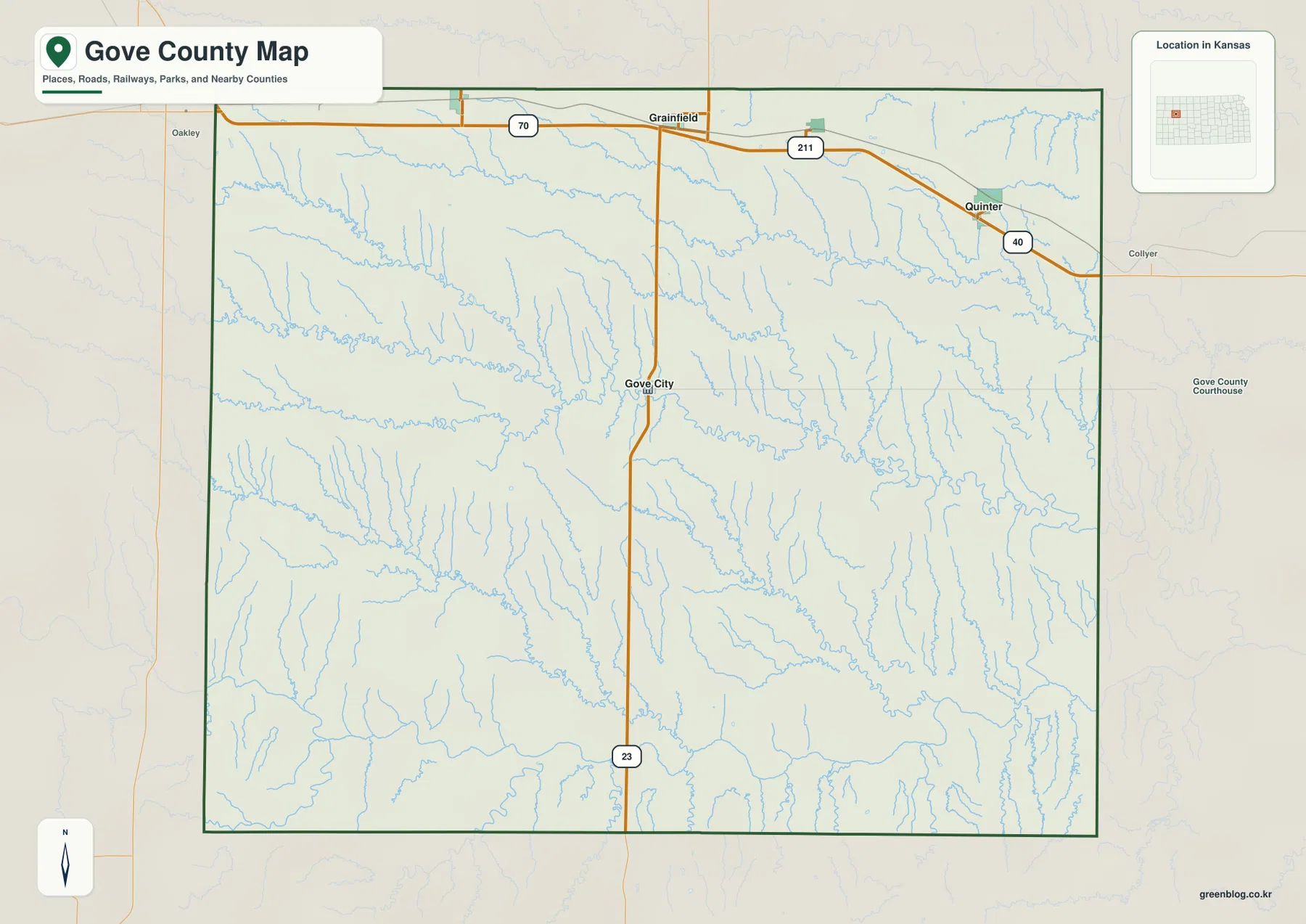 고브 카운티 지도에 표시된 Quinter, Gove City, Grainfield, Grinnell, Park, I-70, U.S. 40, K-23과 주요 도로