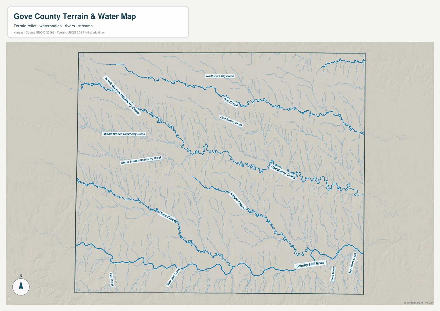 고브 카운티 수역 지도에 표시된 Big Creek, North Fork Big Creek, Hackberry Creek과 세 지류, Indian Creek, Plum Creek, Smoky Hill River