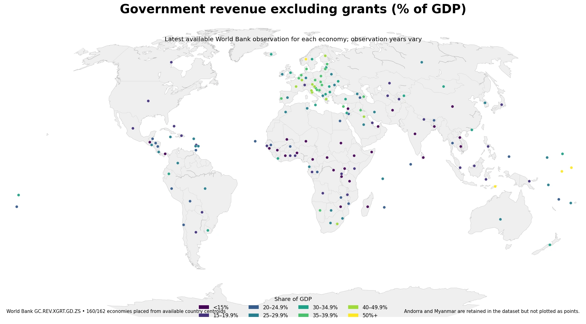 World map of government revenue excluding grants as a share of GDP by economy
