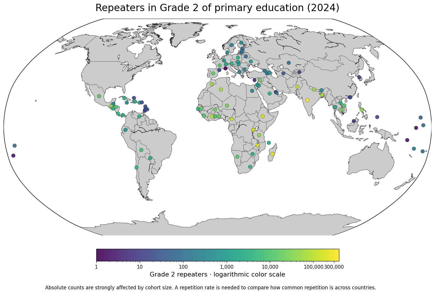 Map of the number of repeaters in Grade 2 of primary education in 2024
