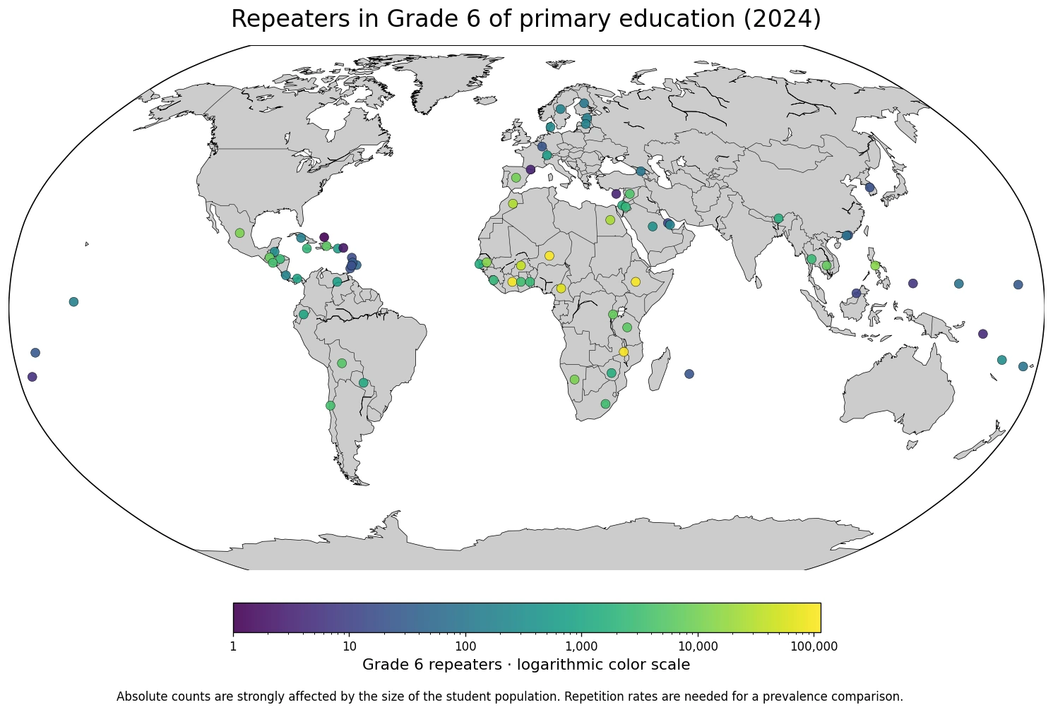 Map of the number of repeaters in Grade 6 of primary education in 2024