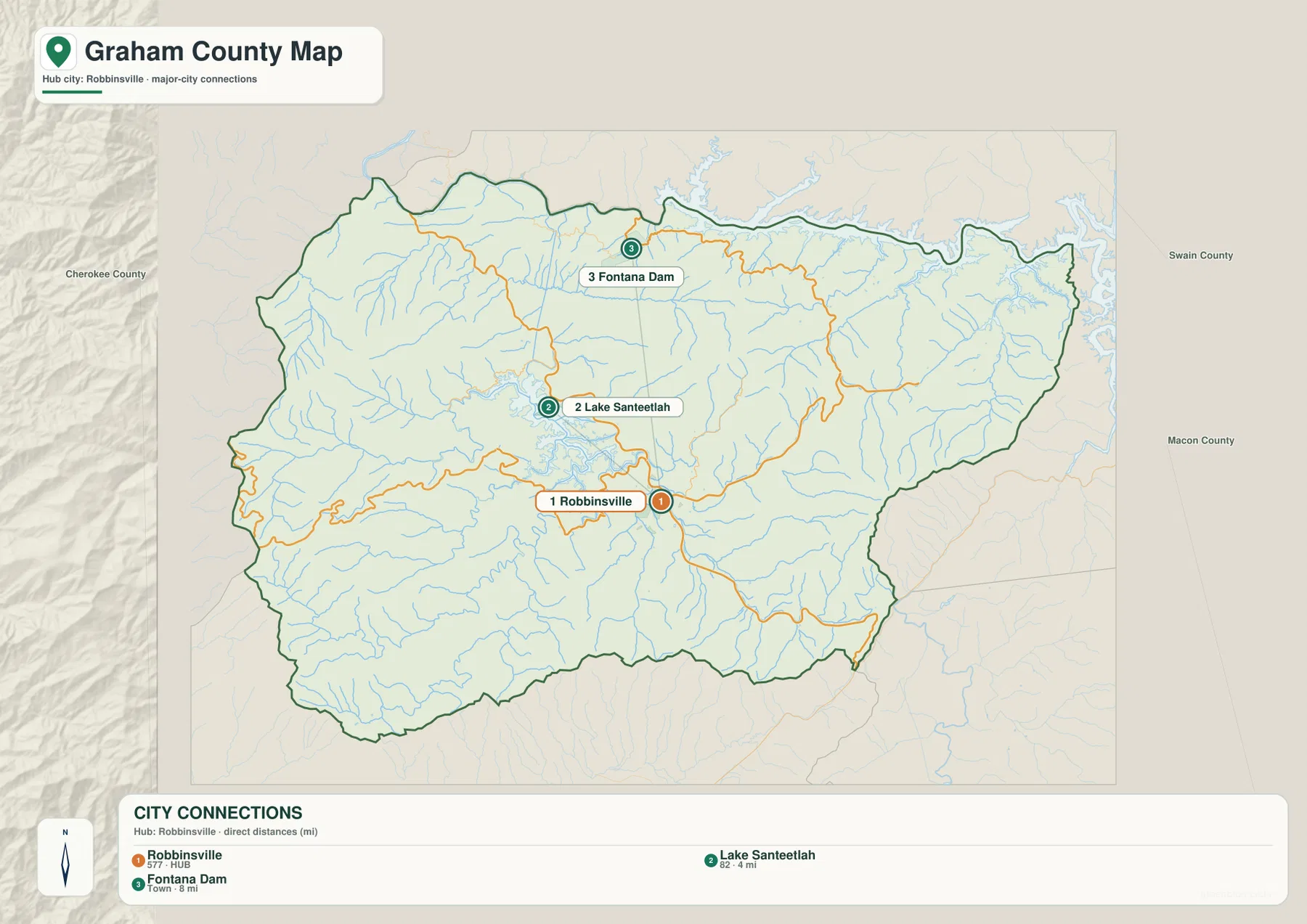 Graham County city connections map with Robbinsville Lake Santeetlah and Fontana Dam direct distances