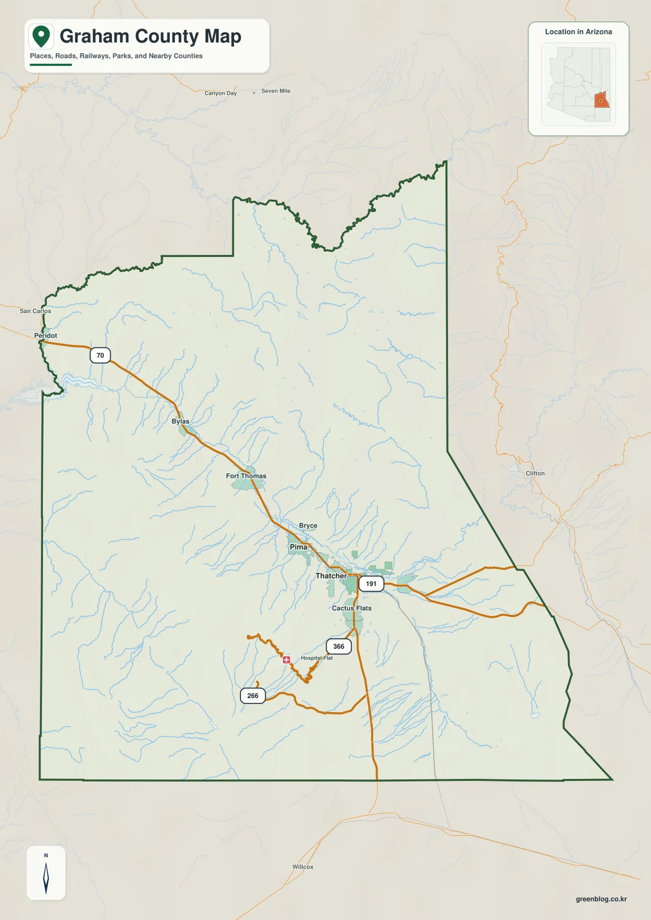 애리조나주 그레이엄 카운티 Safford Thatcher Pima US 70 US 191 도로 지도