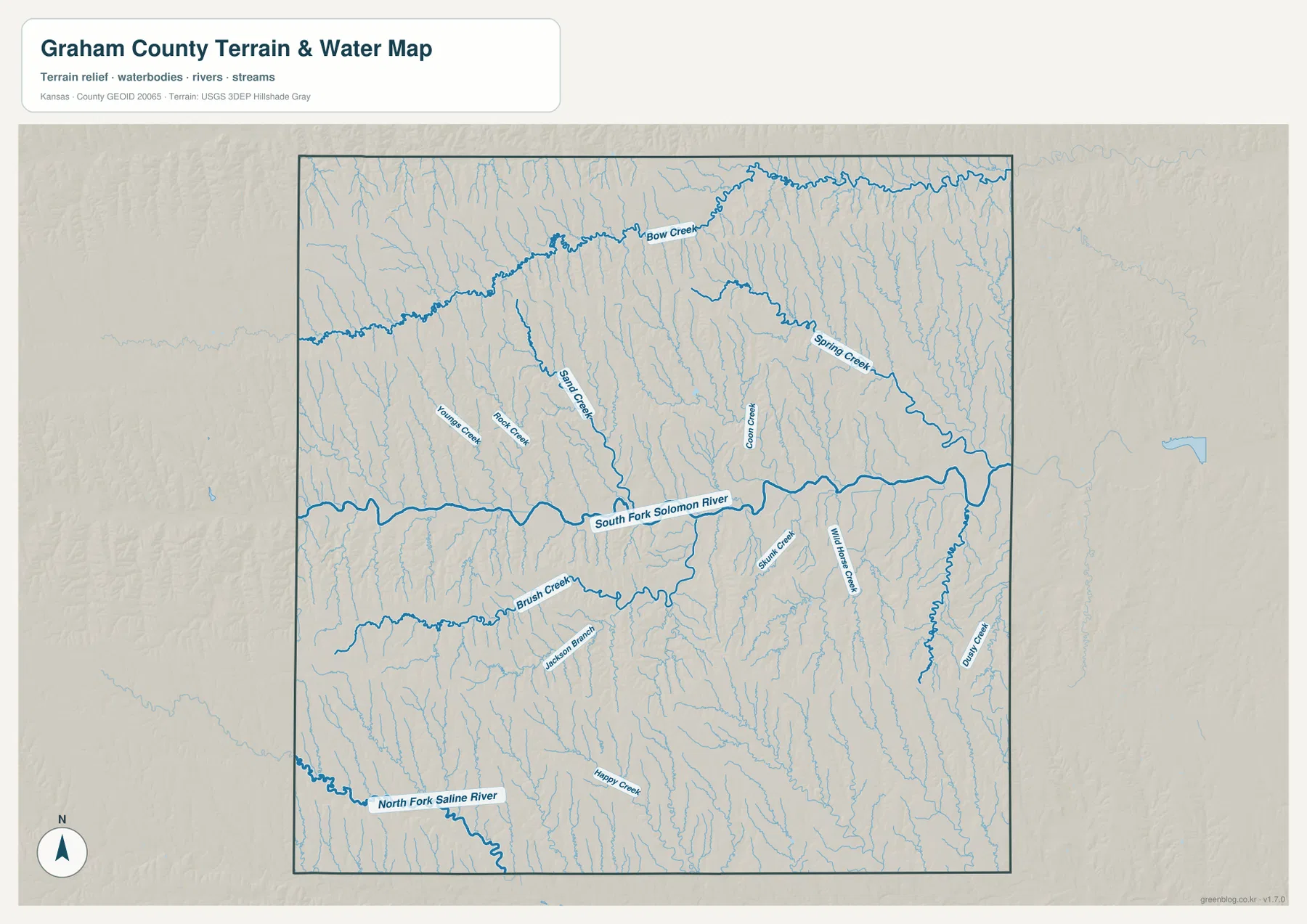 그레이엄 카운티 수역 지도에 표시된 South Fork Solomon River, Bow Creek, Spring Creek, Sand Creek, Goon Creek, Brush Creek, Saline Creek과 주요 지류