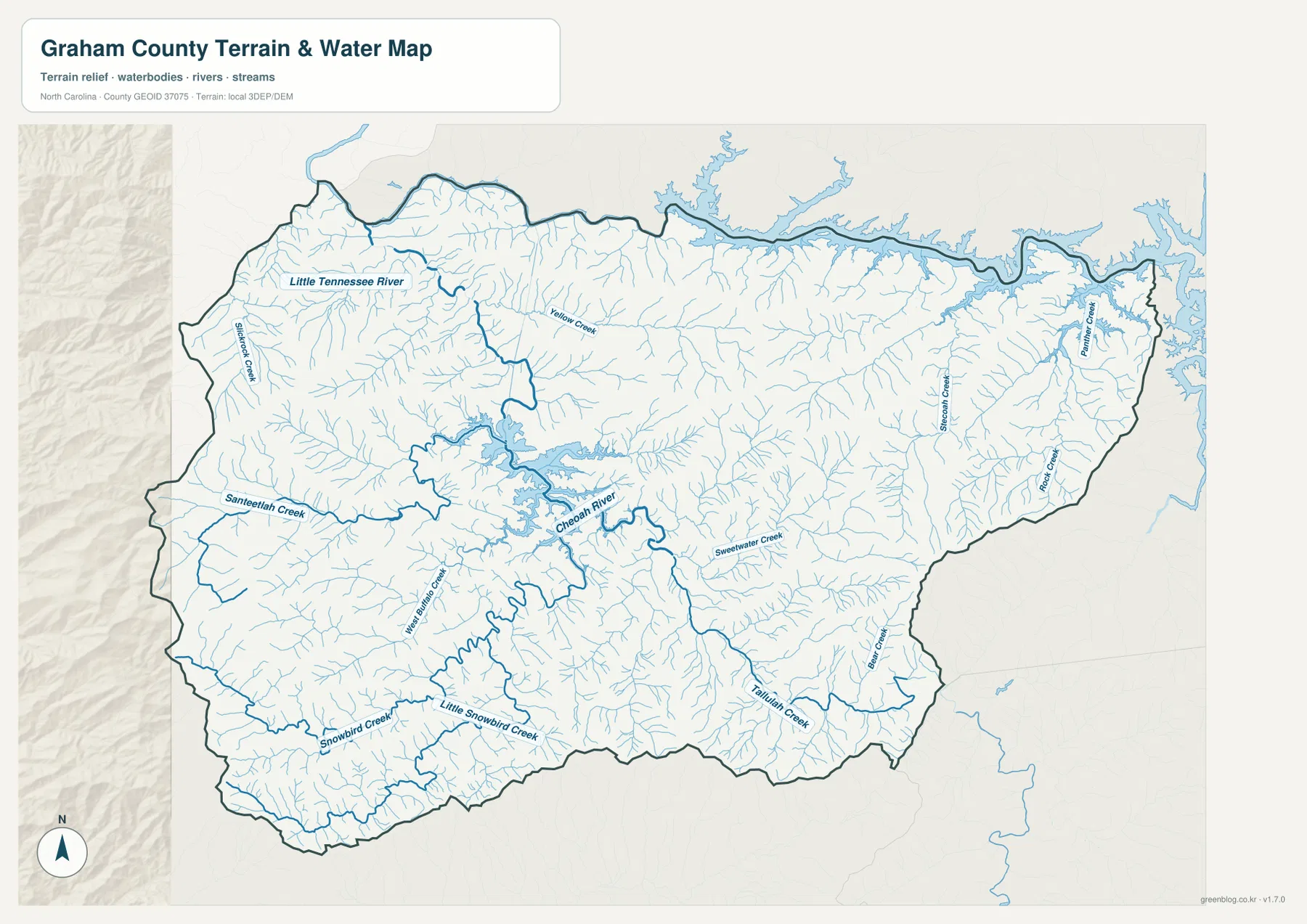 Graham County water map showing Cheoah River Little Tennessee River Santeetlah Creek and Snowbird Creek