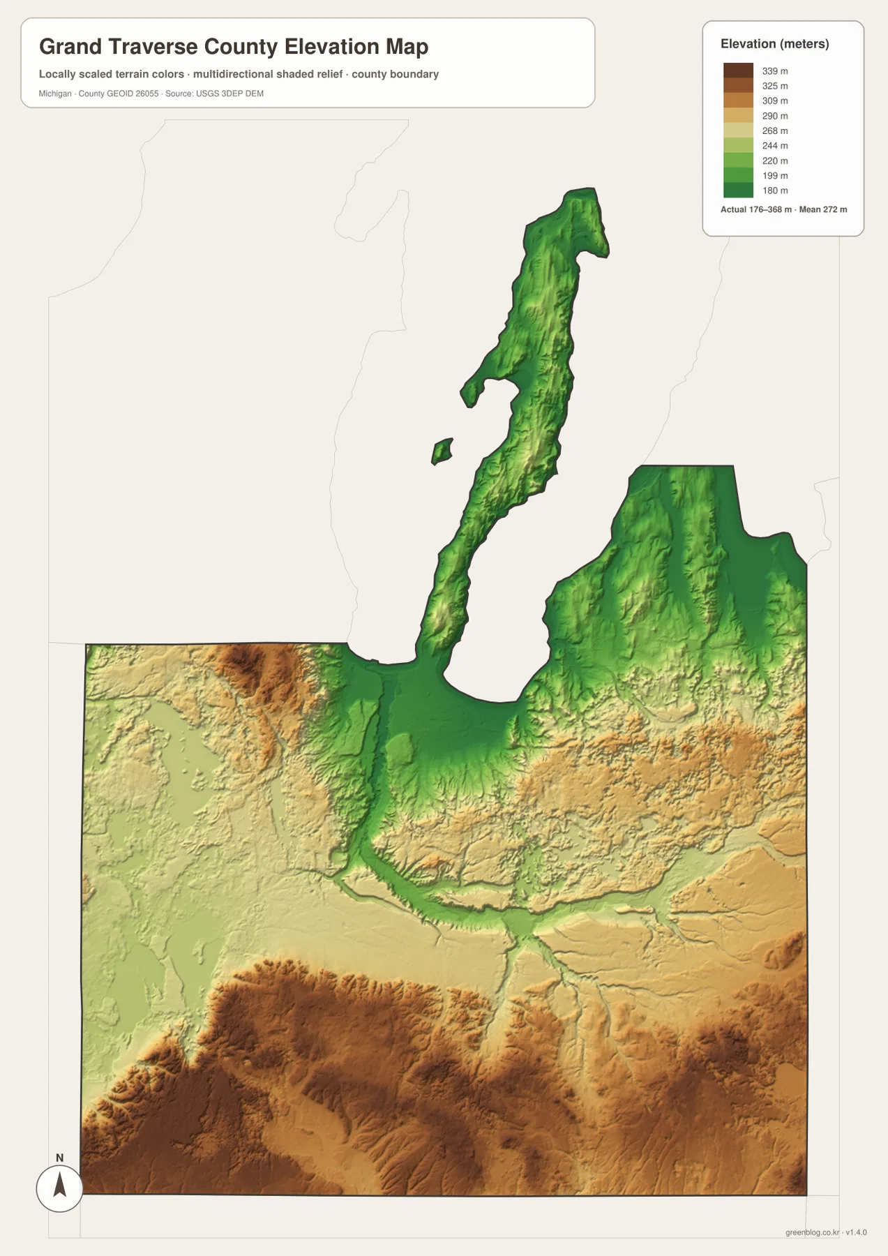 Grand Traverse County Michigan elevation map showing low Grand Traverse Bay and Boardman River terrain with higher southwest and southern hills