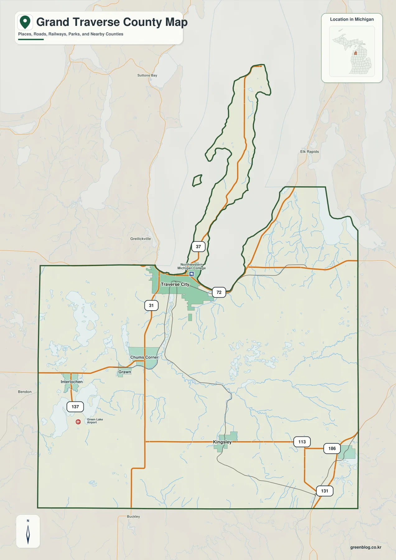 Grand Traverse County Michigan map showing Traverse City, Interlochen, Grawn, Chums Corner, Kingsley, Fife Lake, US-31, M-37, M-72, M-113 and US-131